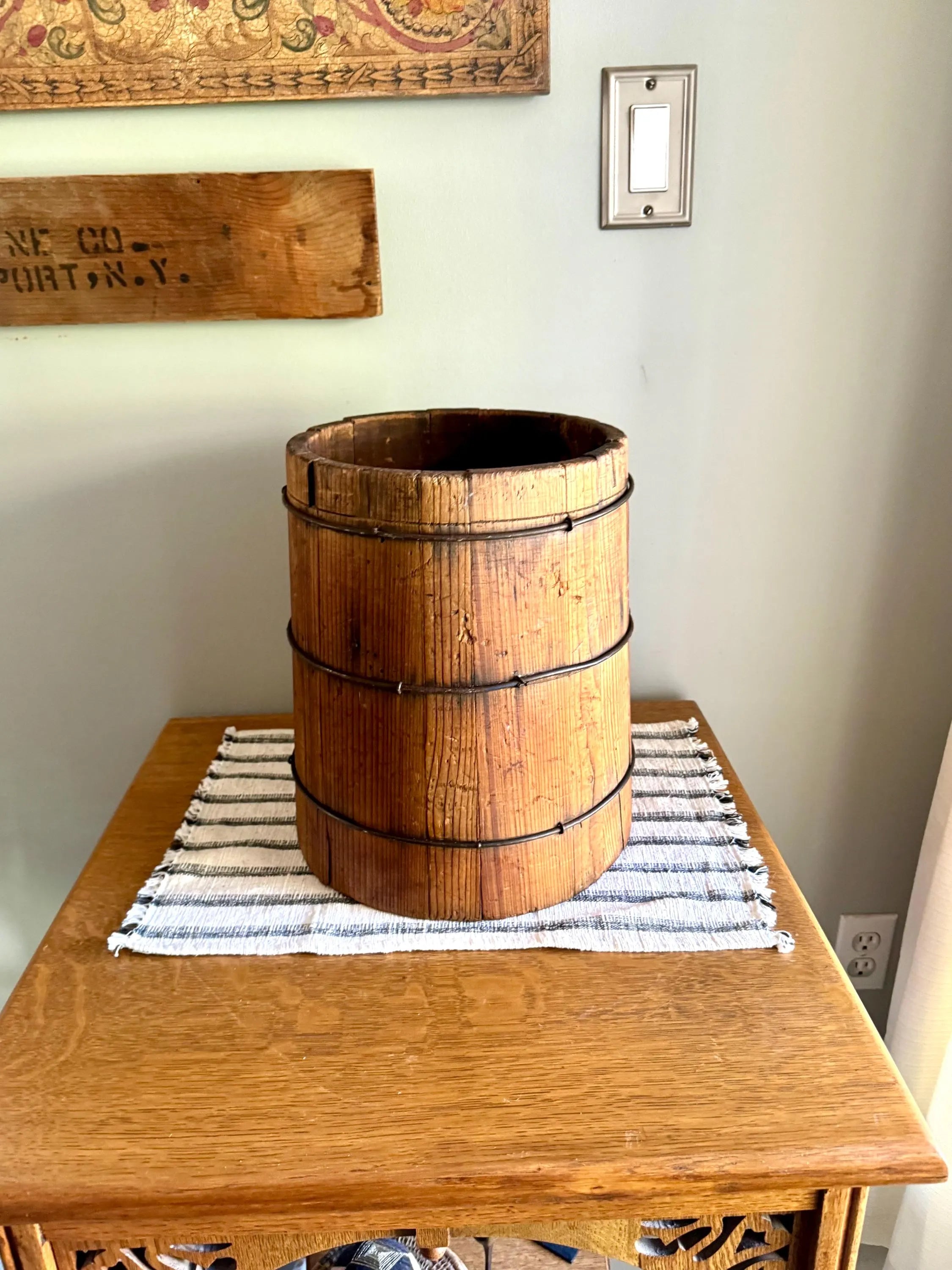 Antique Wood Slat Bucket | Wood and Wire Bucket Planter | Double Side Bucket | Small Wood Barrel Bucket | Western Bucket| Bucket Plant Stand