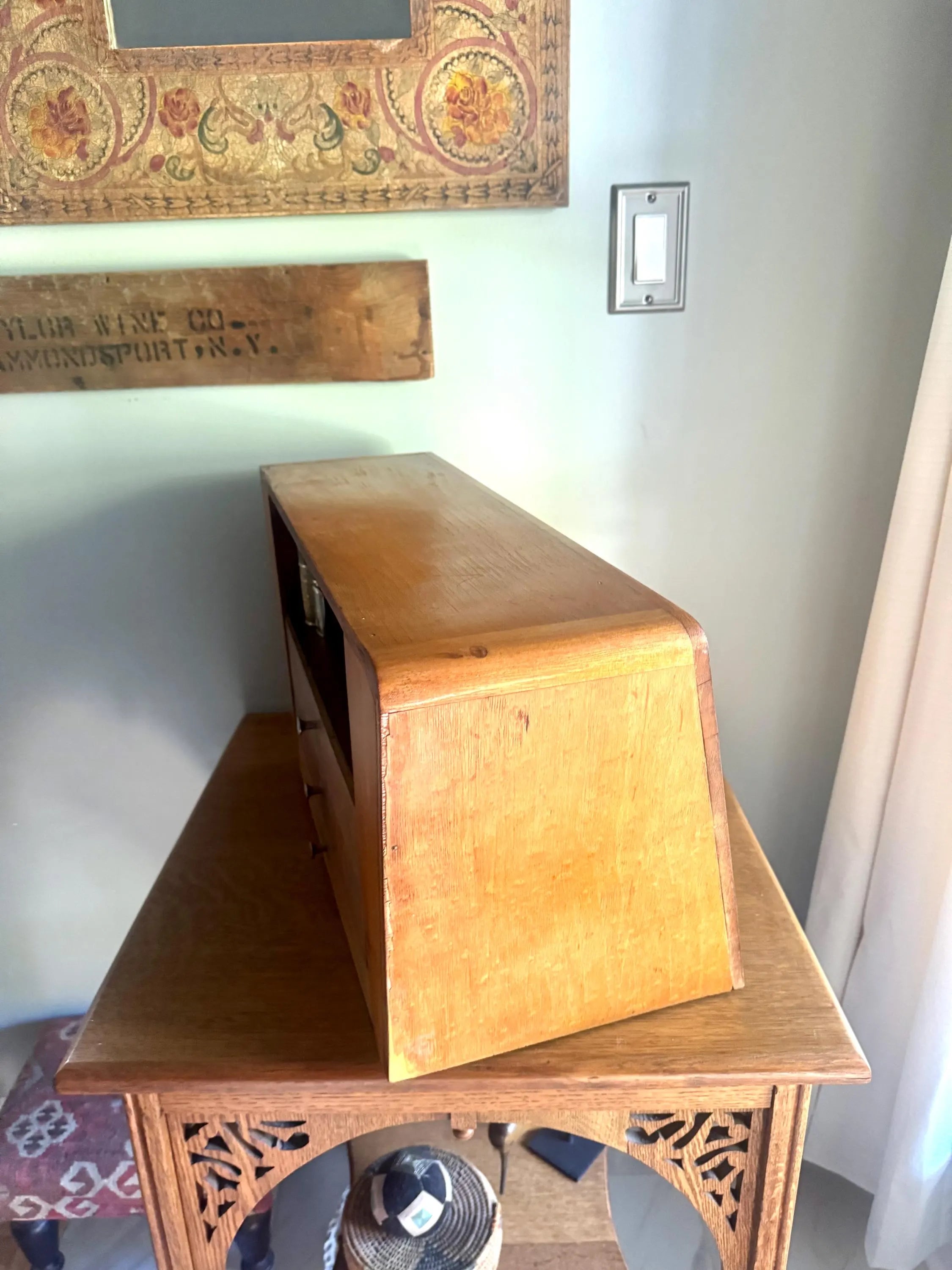 An Art Deco La Cross Salon Cabinet | Vintage Salon Wood Display Cabinet | Unique Countertop Storage Cabinet