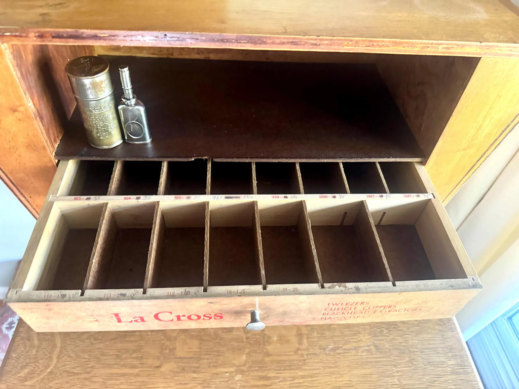 An Art Deco La Cross Salon Cabinet | Vintage Salon Wood Display Cabinet | Unique Countertop Storage Cabinet