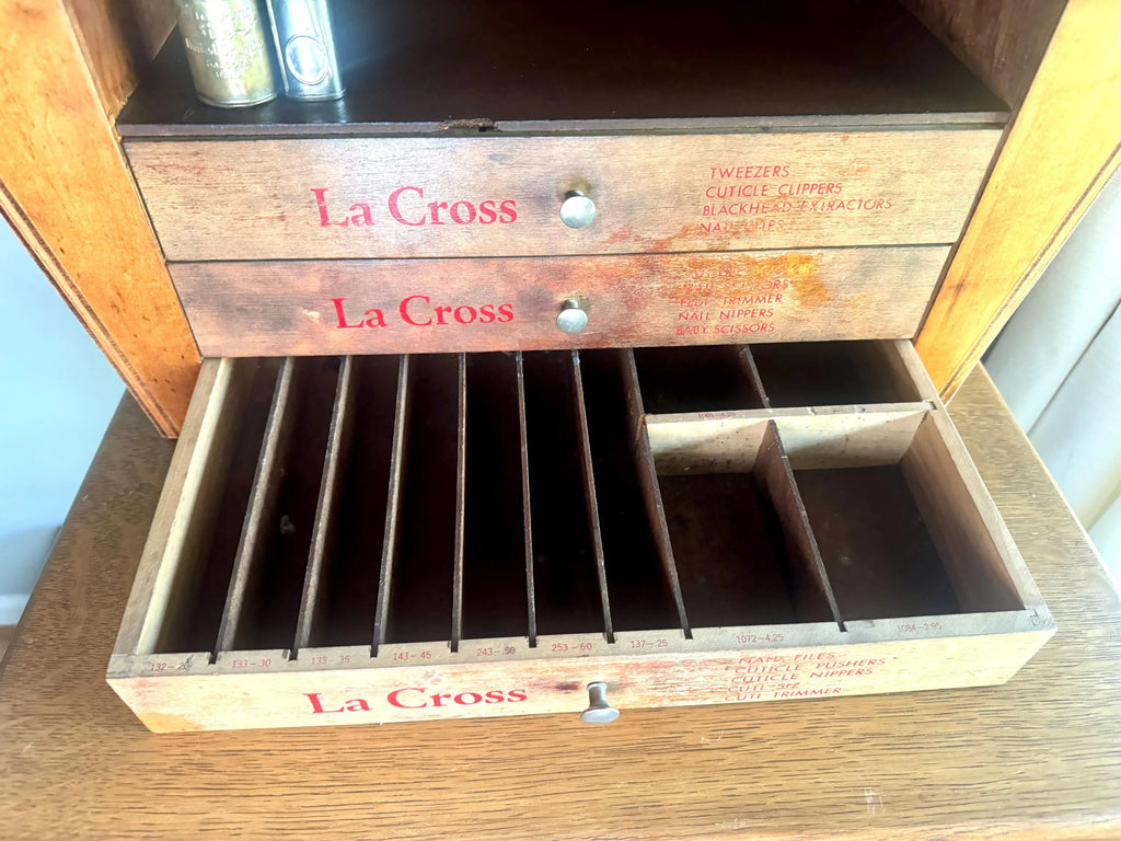 An Art Deco La Cross Salon Cabinet | Vintage Salon Wood Display Cabinet | Unique Countertop Storage Cabinet