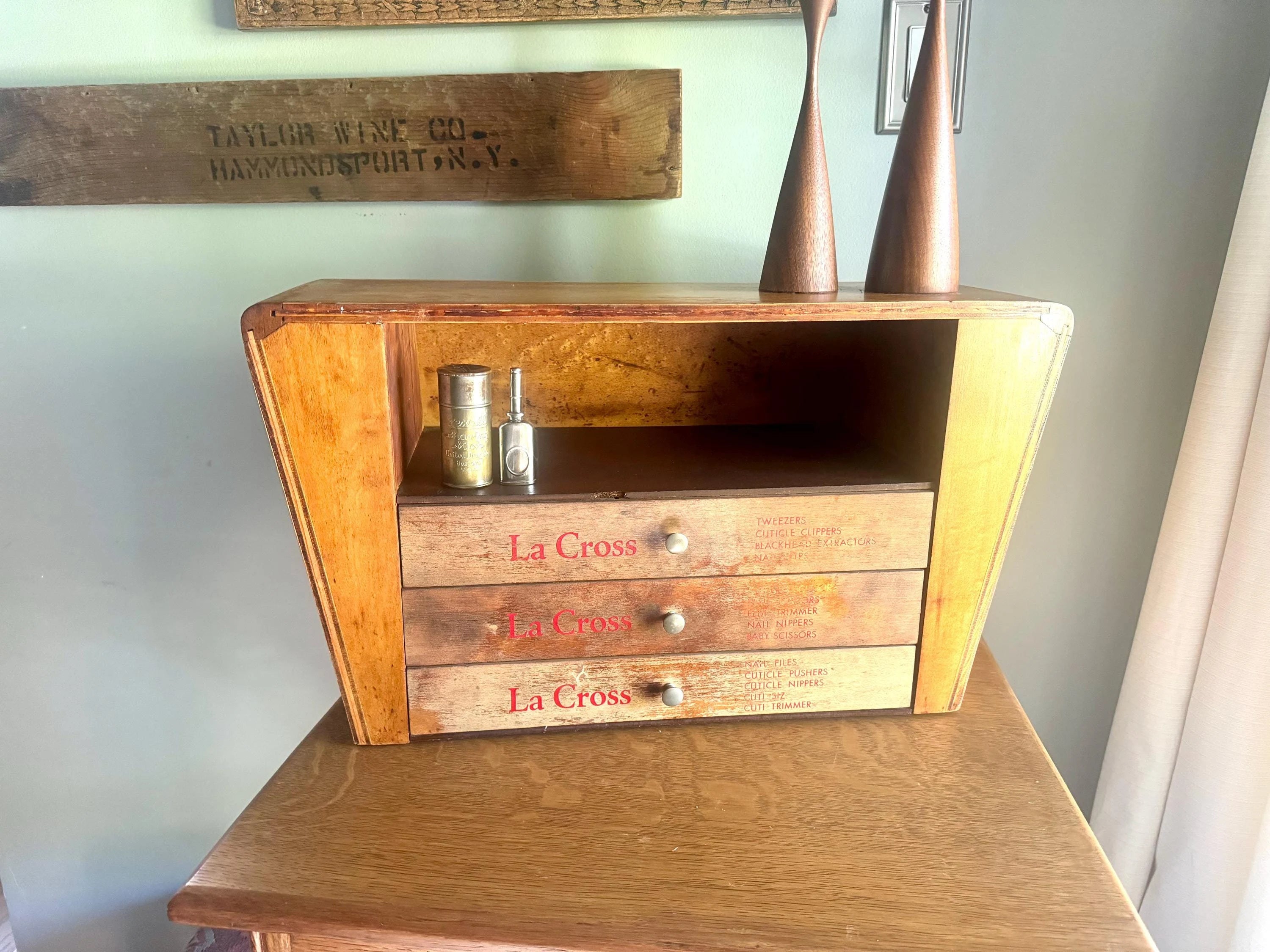 An Art Deco La Cross Salon Cabinet | Vintage Salon Wood Display Cabinet | Unique Countertop Storage Cabinet