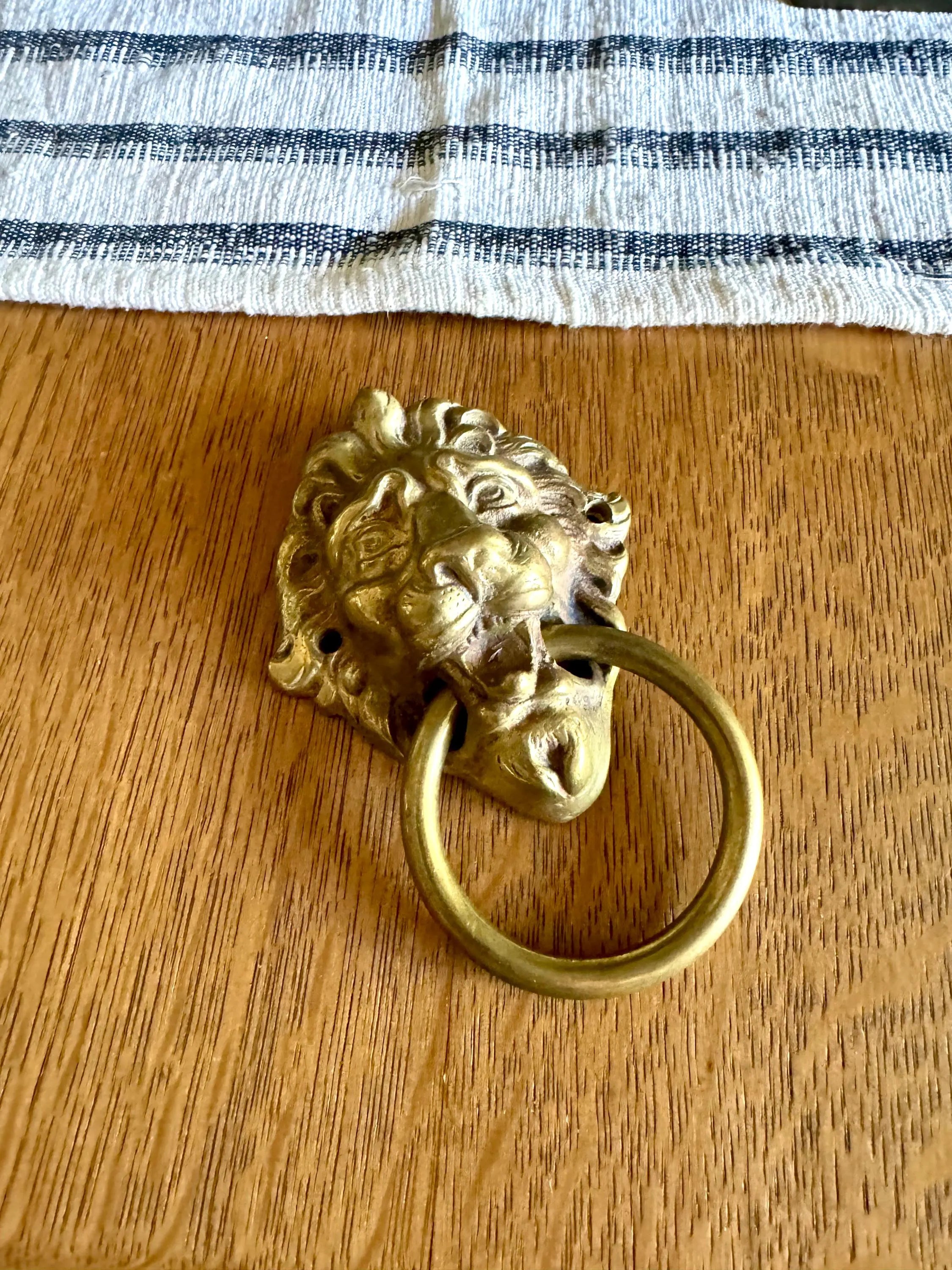 Small Vtg Brass Lion's Head Door Pull | Rustic Door Knocker | Lion Head Door Pull | Decorative Hollywood Regency Drawer Pull