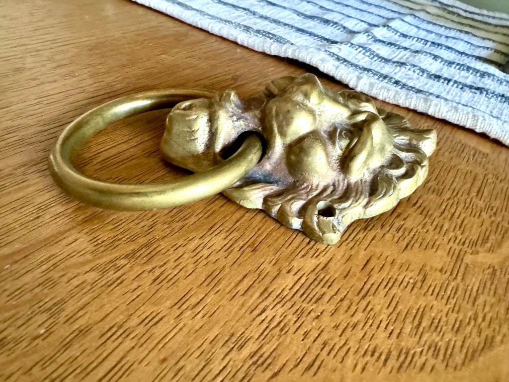 Small Vtg Brass Lion's Head Door Pull | Rustic Door Knocker | Lion Head Door Pull | Decorative Hollywood Regency Drawer Pull