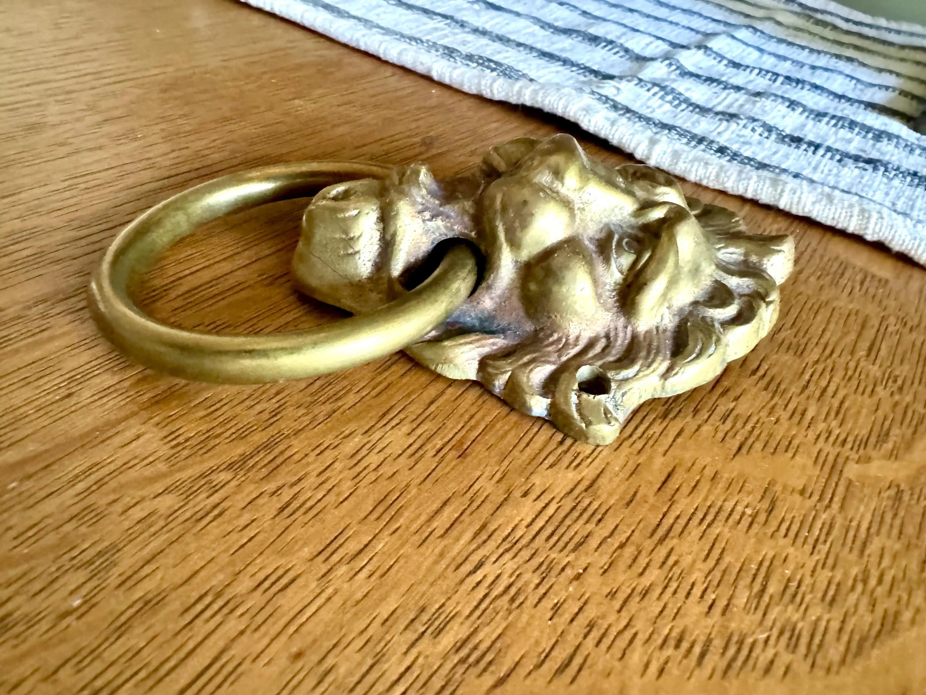 Small Vtg Brass Lion's Head Door Pull | Rustic Door Knocker | Lion Head Door Pull | Decorative Hollywood Regency Drawer Pull
