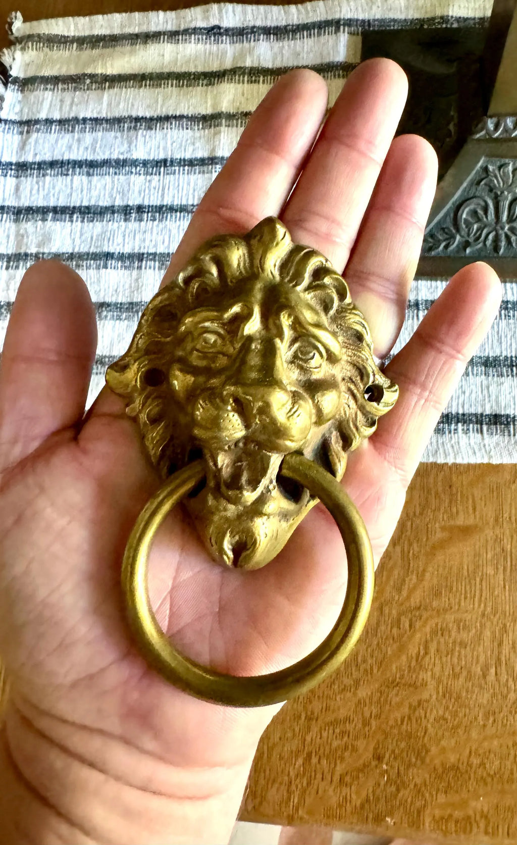 Small Vtg Brass Lion's Head Door Pull | Rustic Door Knocker | Lion Head Door Pull | Decorative Hollywood Regency Drawer Pull