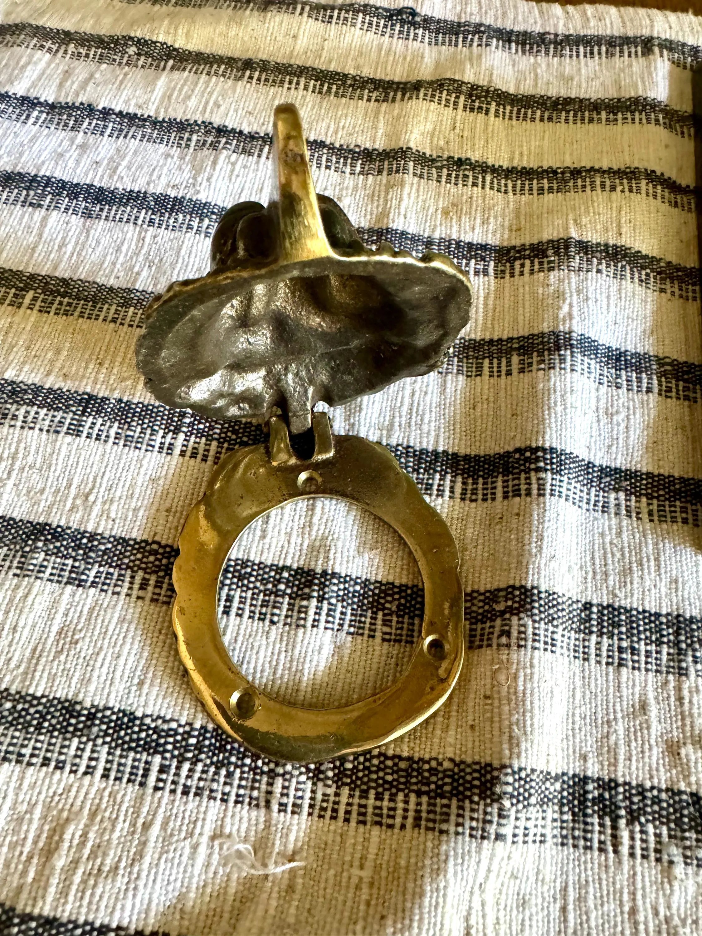 Small Vtg Brass Lion's Head Door Knocker | Rustic Door Knocker | Lion Head Lock Cover | Decorative Front Door Hardware Hollywood Regency