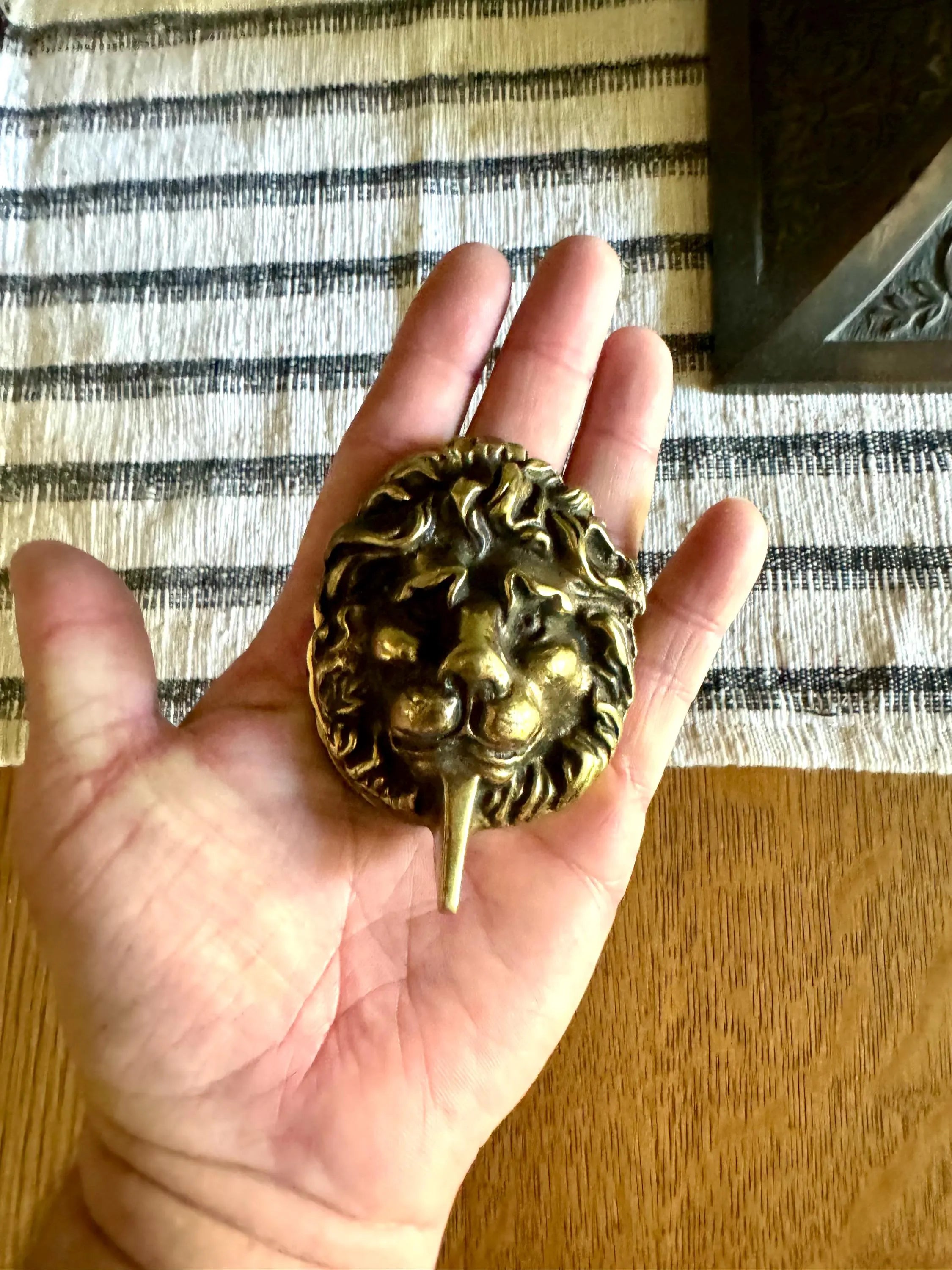 Small Vtg Brass Lion's Head Door Knocker | Rustic Door Knocker | Lion Head Lock Cover | Decorative Front Door Hardware Hollywood Regency