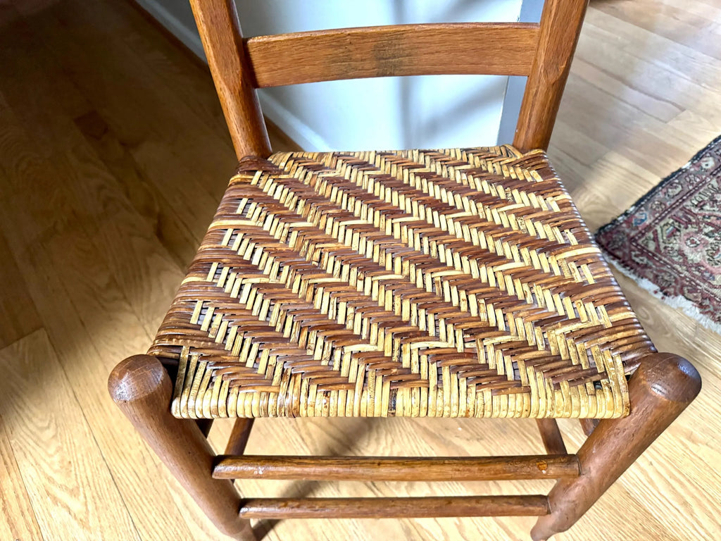Vtg Wooden Ladder Back Chair | Wicker Bottom Wood Chair | Rattan Bottom Shaker Chair | Farmhouse Chairs | Dual Color Woven Chair