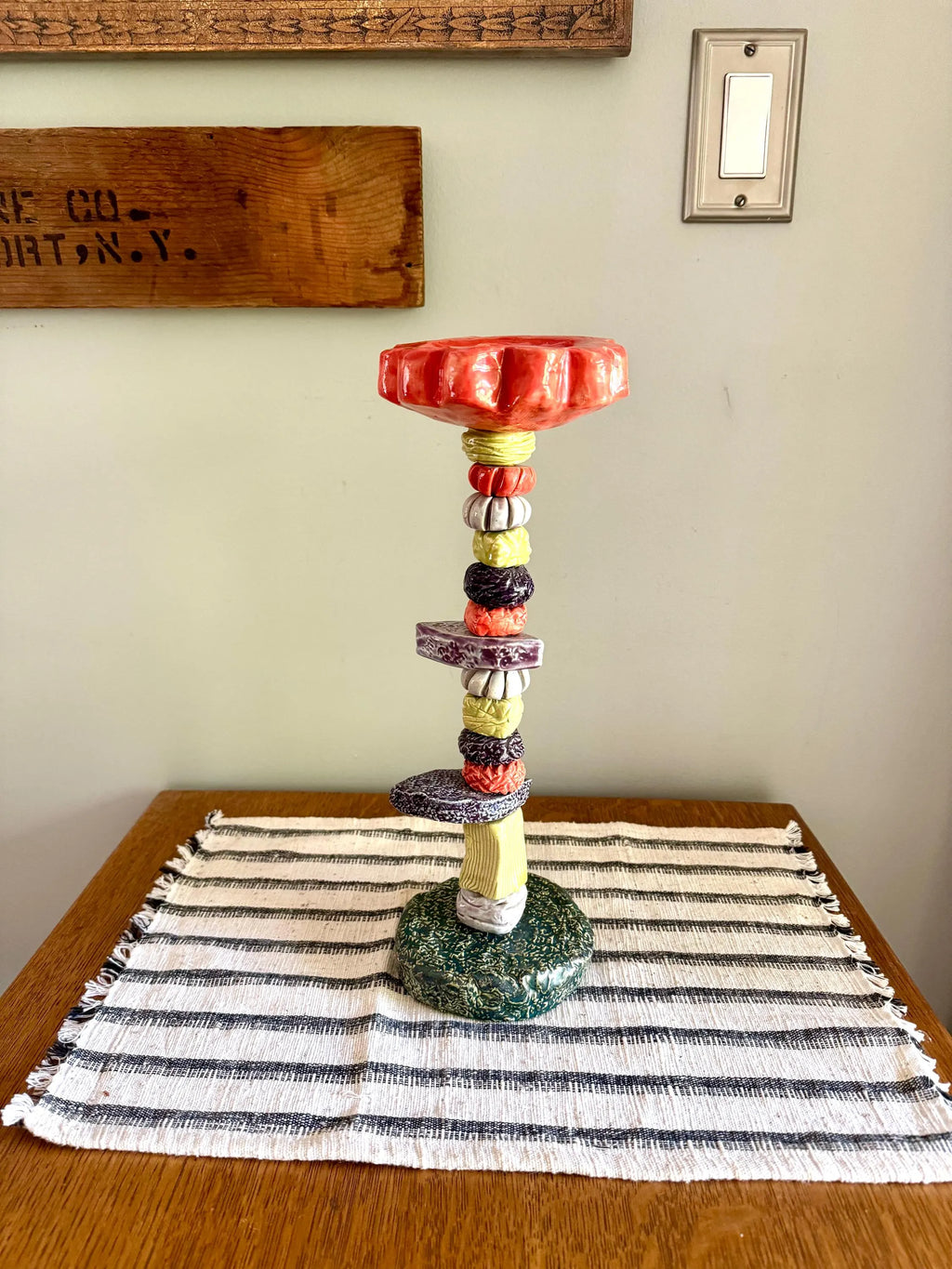 Sunapple & Company Ceramic Figural Candle Stick | Stacked Ceramic Figural Candlestick Holder | Colorful Ceramic Pillar Candle Holder