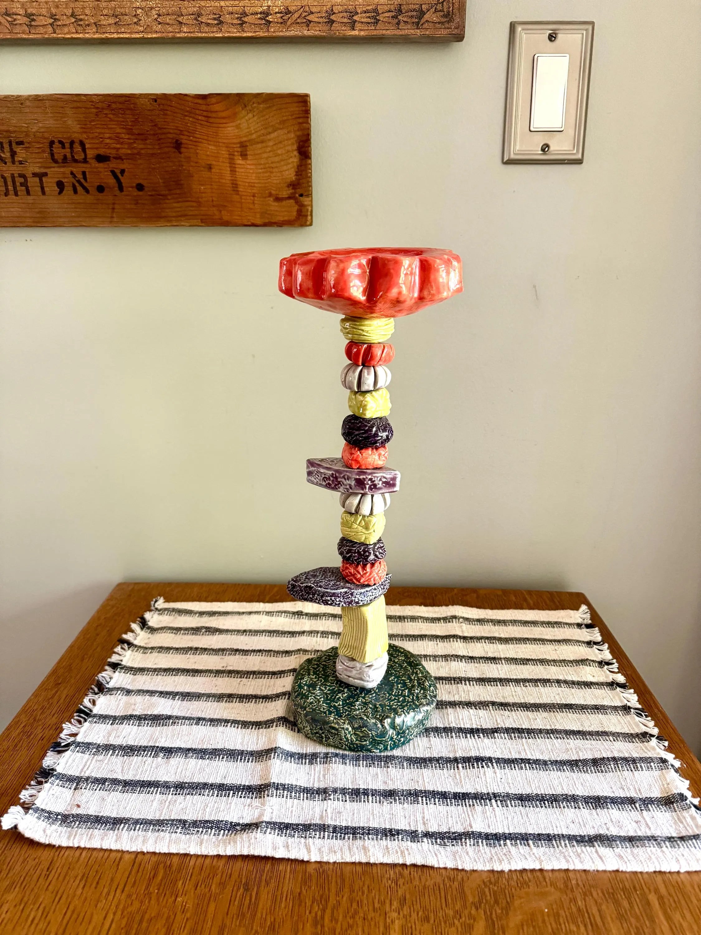 Sunapple & Company Ceramic Figural Candle Stick | Stacked Ceramic Figural Candlestick Holder | Colorful Ceramic Pillar Candle Holder