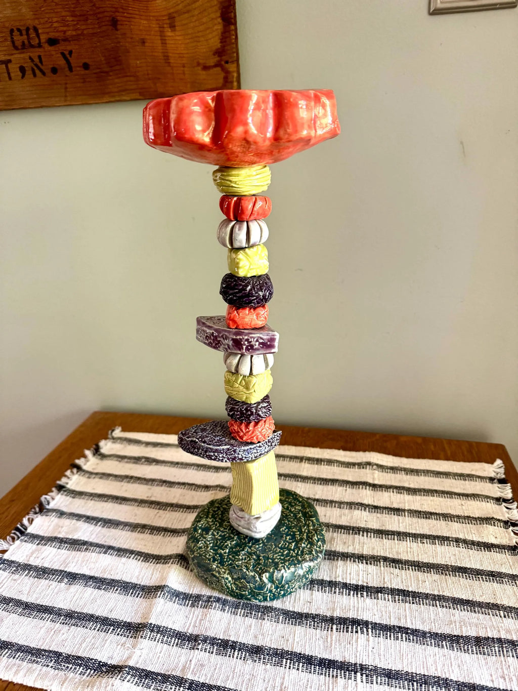 Sunapple & Company Ceramic Figural Candle Stick | Stacked Ceramic Figural Candlestick Holder | Colorful Ceramic Pillar Candle Holder