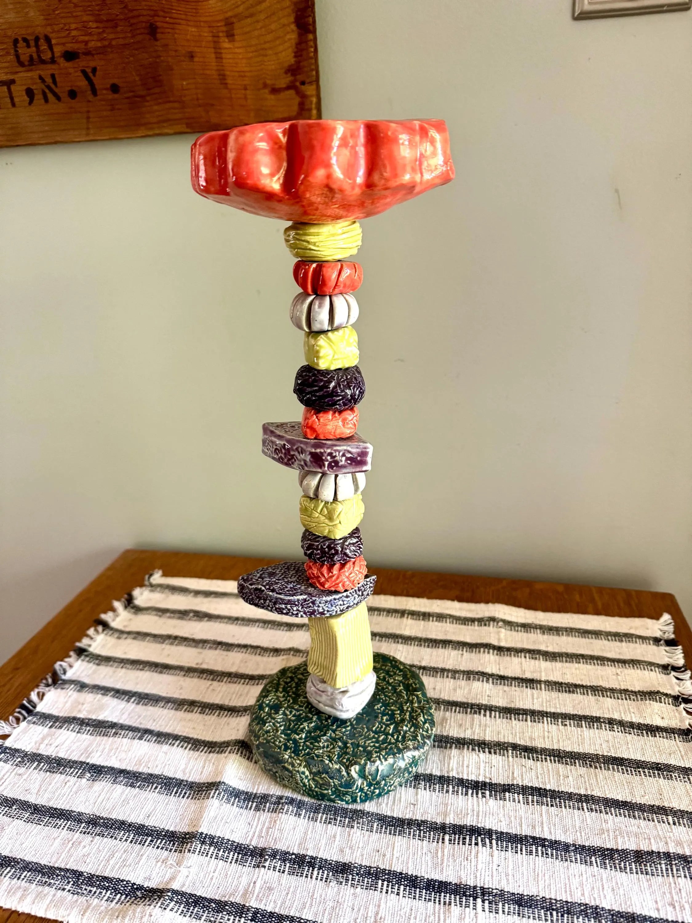 Sunapple & Company Ceramic Figural Candle Stick | Stacked Ceramic Figural Candlestick Holder | Colorful Ceramic Pillar Candle Holder