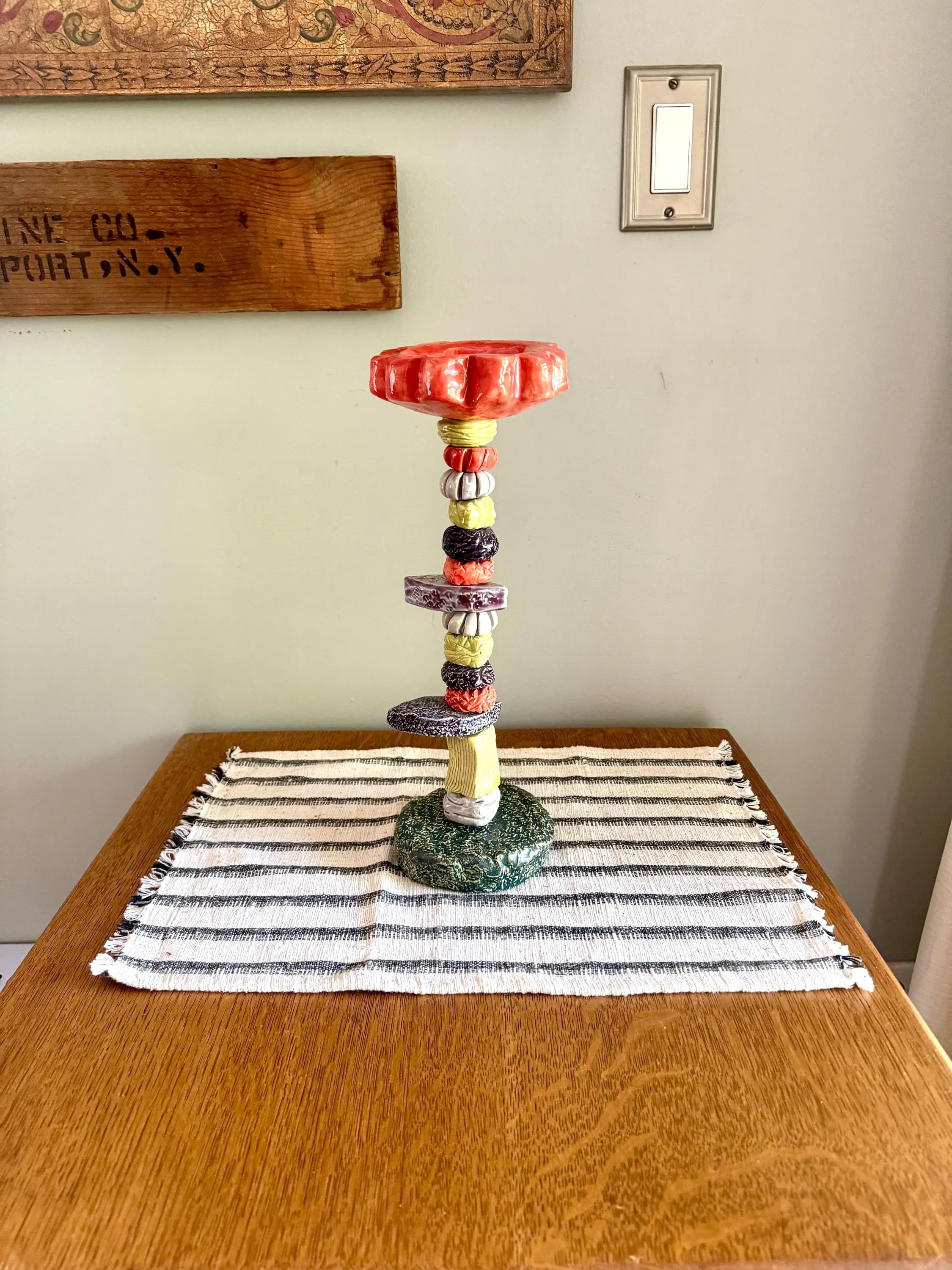 Sunapple & Company Ceramic Figural Candle Stick | Stacked Ceramic Figural Candlestick Holder | Colorful Ceramic Pillar Candle Holder