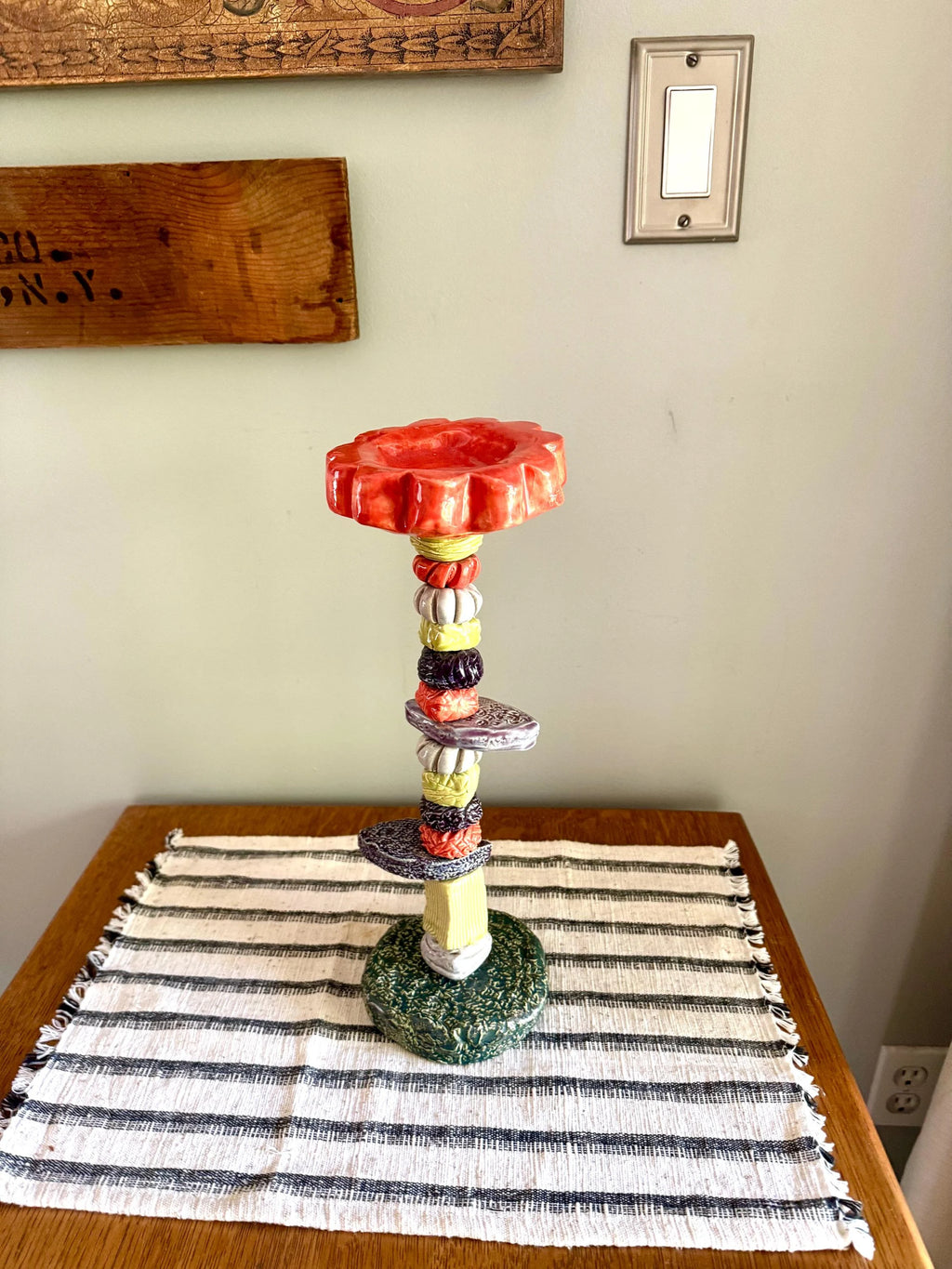 Sunapple & Company Ceramic Figural Candle Stick | Stacked Ceramic Figural Candlestick Holder | Colorful Ceramic Pillar Candle Holder