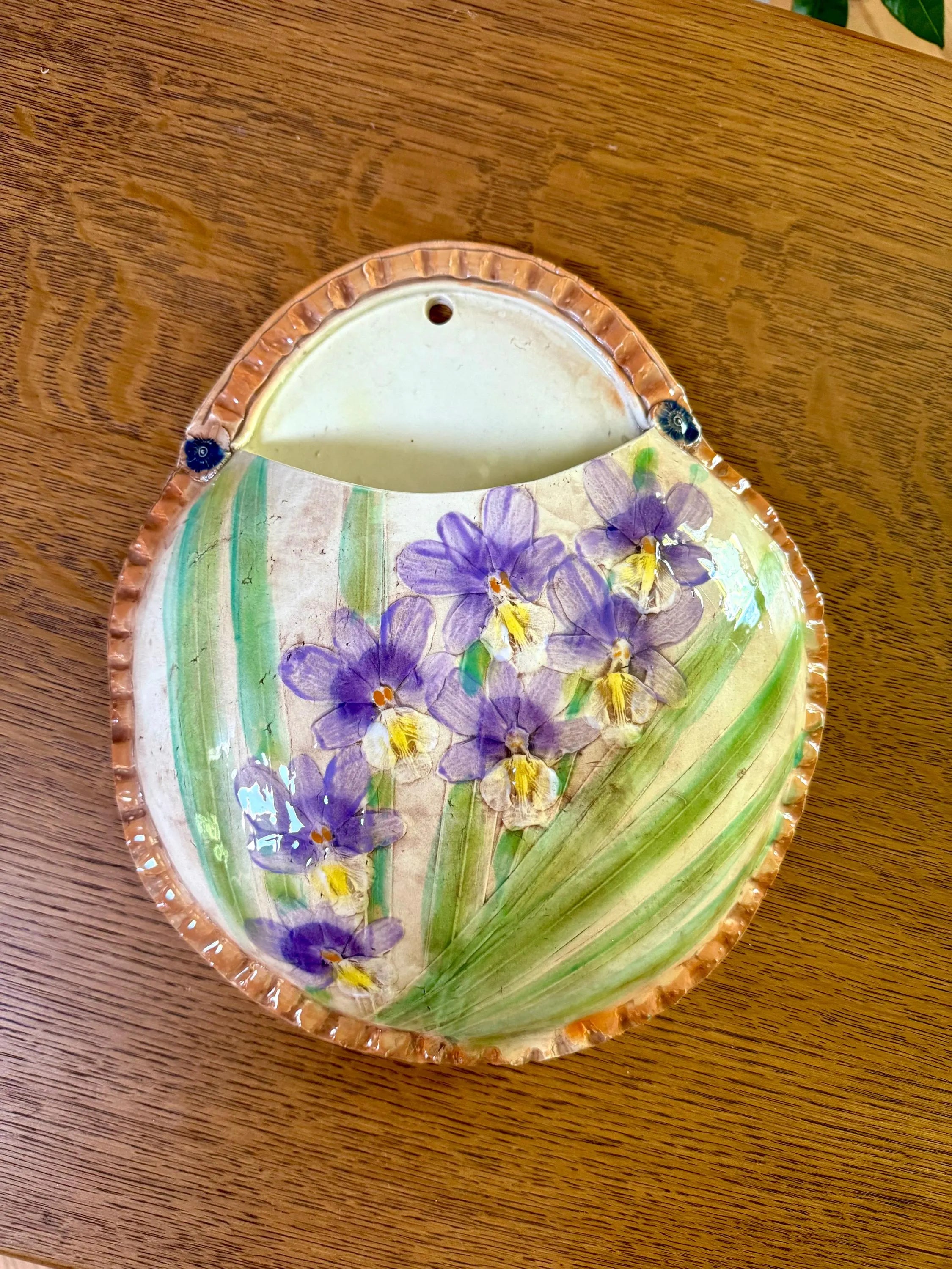 Vtg Kani of Hawaii Ceramic Pocket Planter | Hand Painted Hawaiian Ceramic Wall Pocket Planter | Floral Planter Pouch