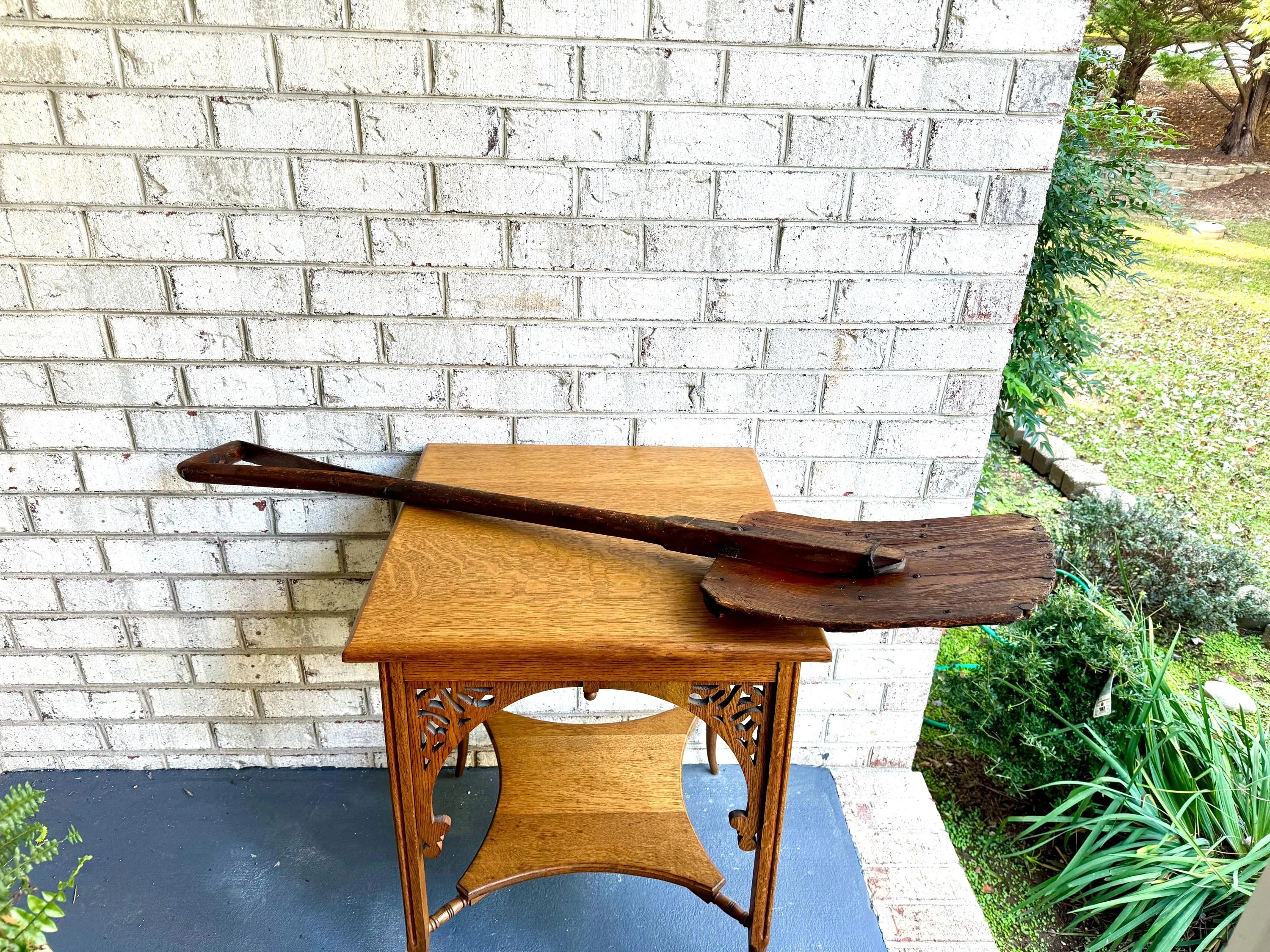 Antique Primitive Split Wood Handle Shovel | Distressed Antique Wood Shovel | Metal Lined Split Wood Handled Shovel