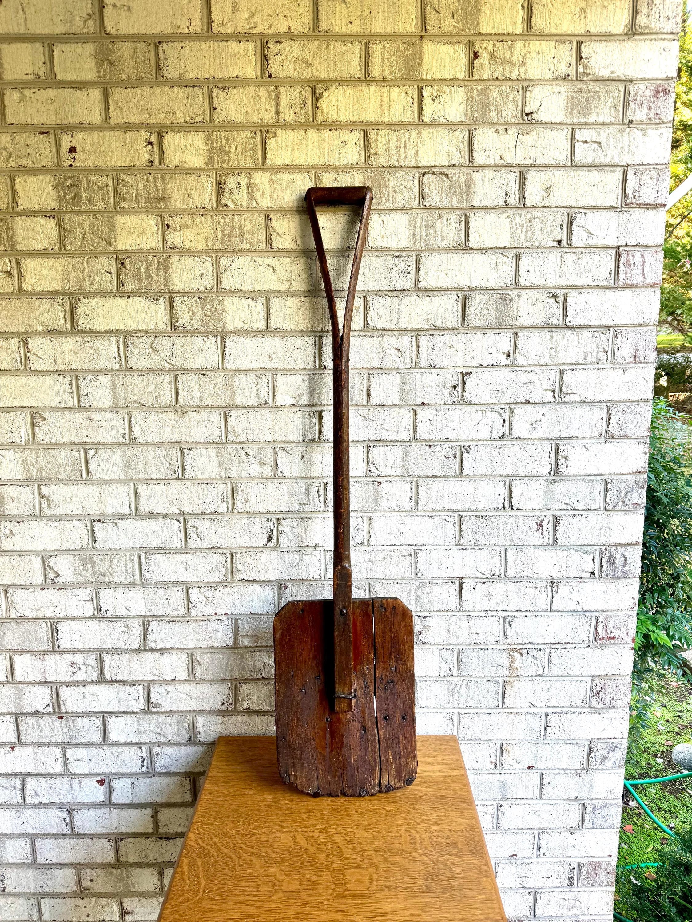 Antique Primitive Split Wood Handle Shovel | Distressed Antique Wood Shovel | Metal Lined Split Wood Handled Shovel