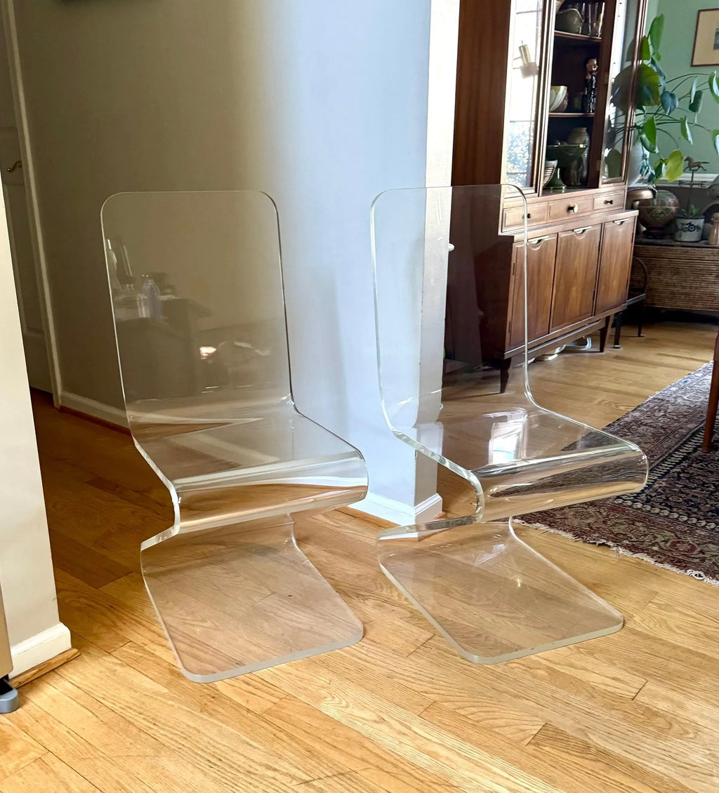 Set of 2 Lucite 'Z' Cantilever Chairs | Clear Lucite Z Chairs | MCM Plexi-Craft Acrylic Z Chairs | Modern "Z" Chairs (2 sets available)