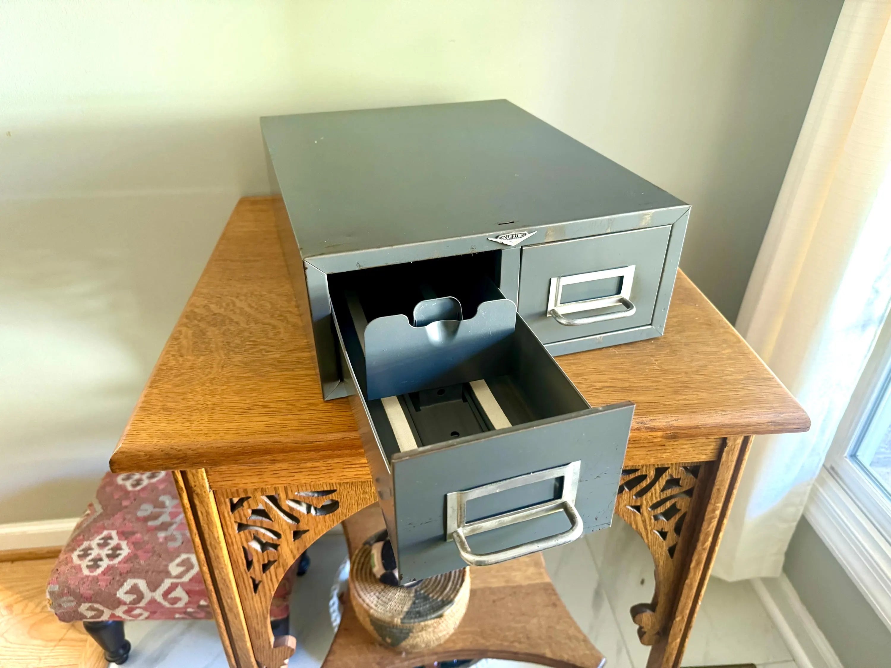 Rustic Cole-Steel Cabinet | Vintage Gray Metal Index Card Catalog | Double Drawer Storage | Industrial Storage Bin | Library Card Cabinet