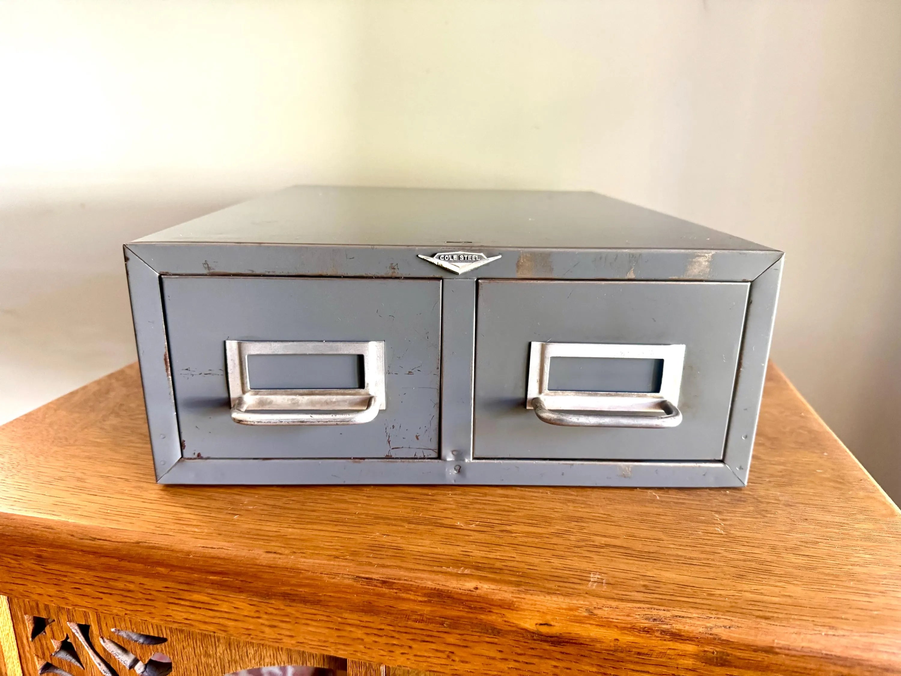 Rustic Cole-Steel Cabinet | Vintage Gray Metal Index Card Catalog | Double Drawer Storage | Industrial Storage Bin | Library Card Cabinet