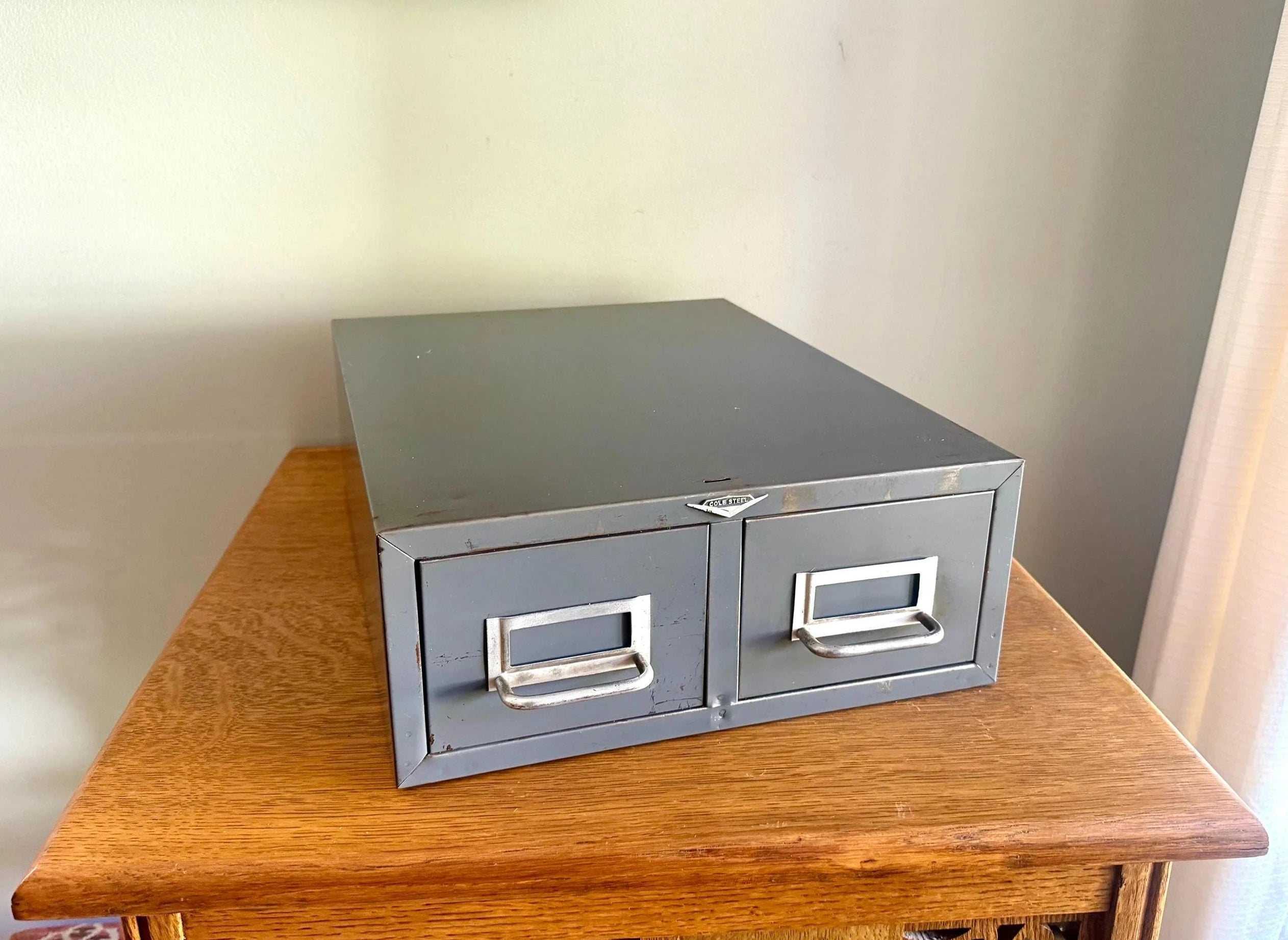 Rustic Cole-Steel Cabinet | Vintage Gray Metal Index Card Catalog | Double Drawer Storage | Industrial Storage Bin | Library Card Cabinet
