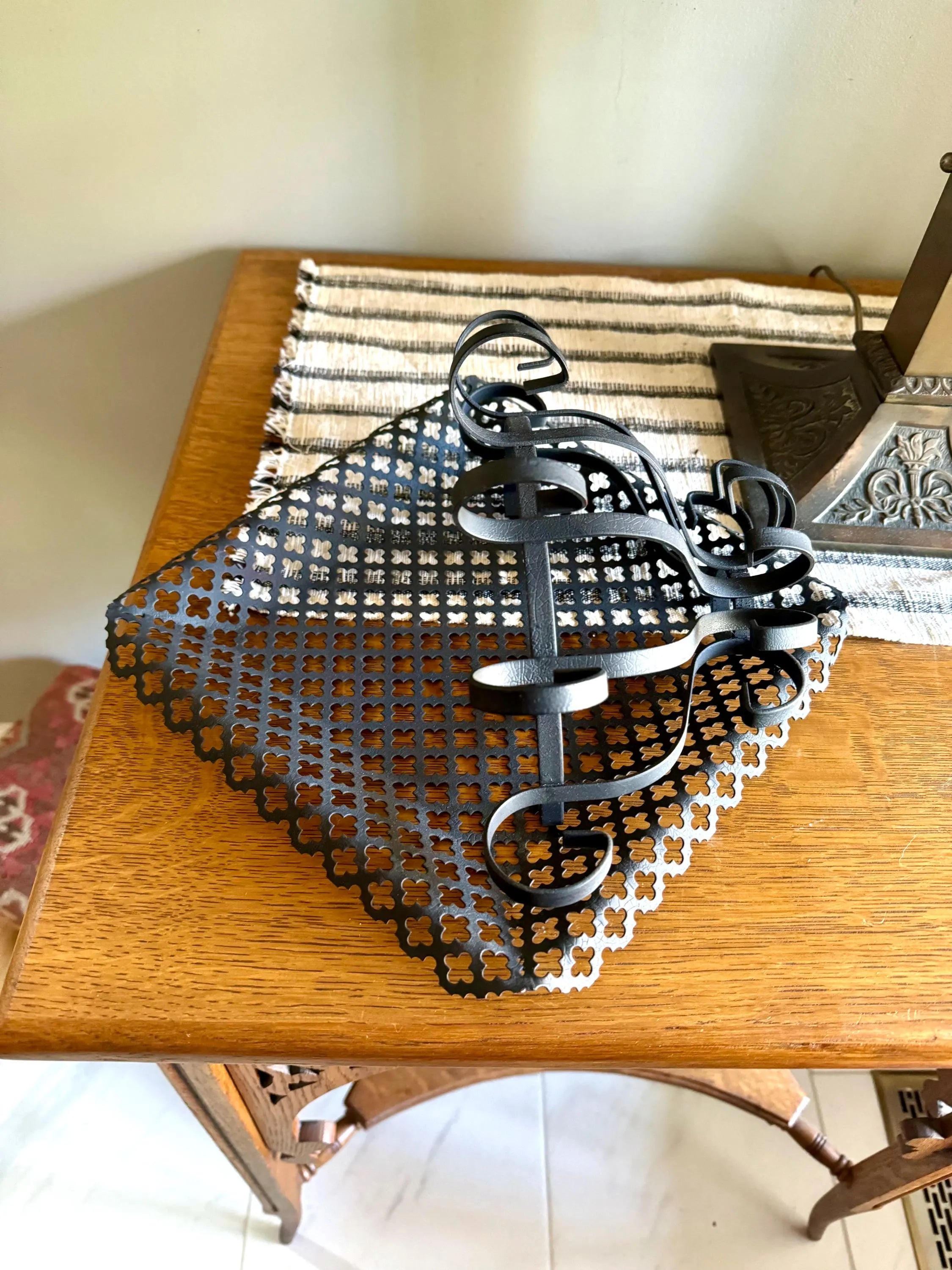 Vtg Pierced Metal Black Wall Planter | Metal Lattice Wall Planter | Bent Metal Hanging Planter