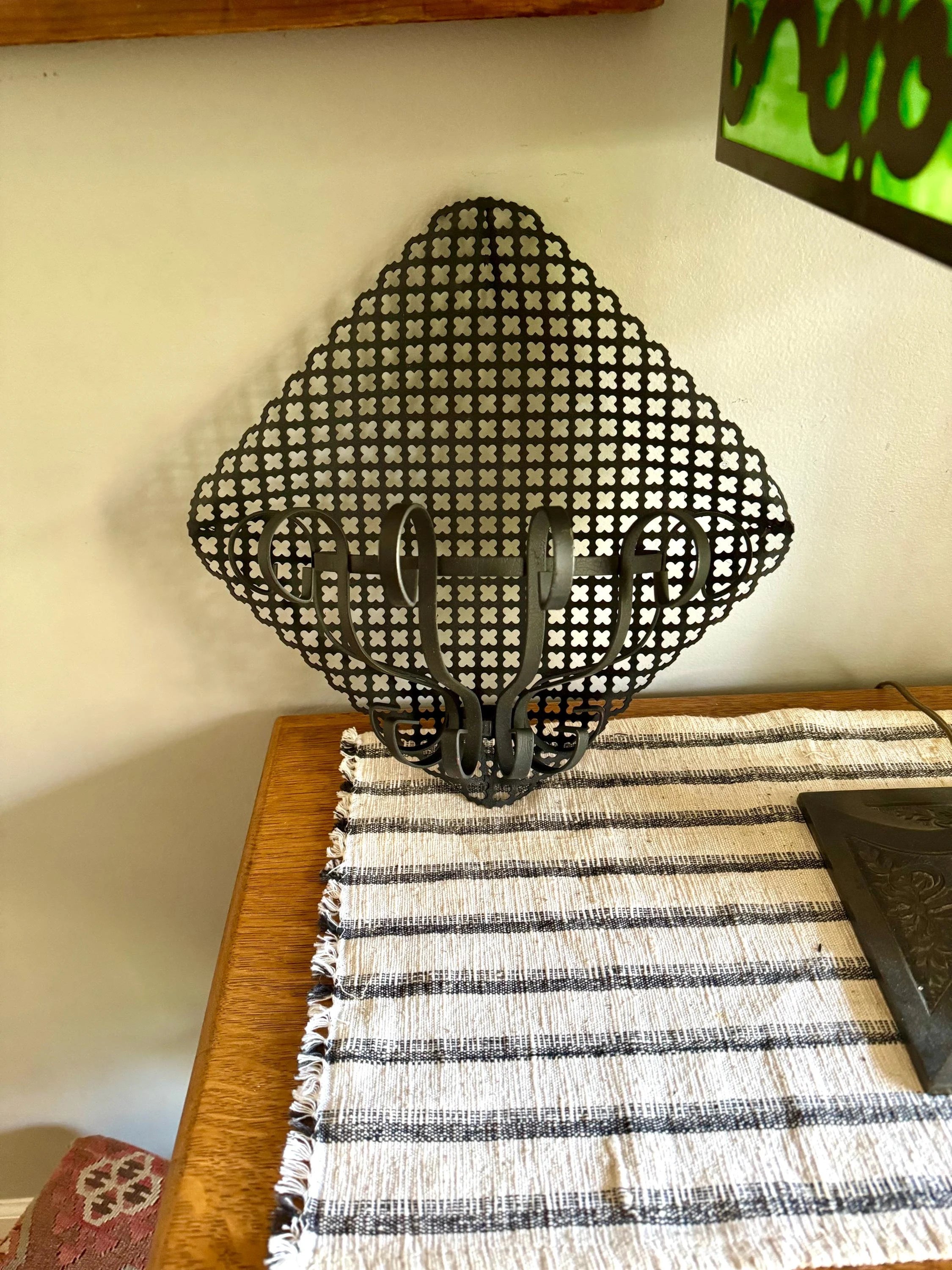 Vtg Pierced Metal Black Wall Planter | Metal Lattice Wall Planter | Bent Metal Hanging Planter