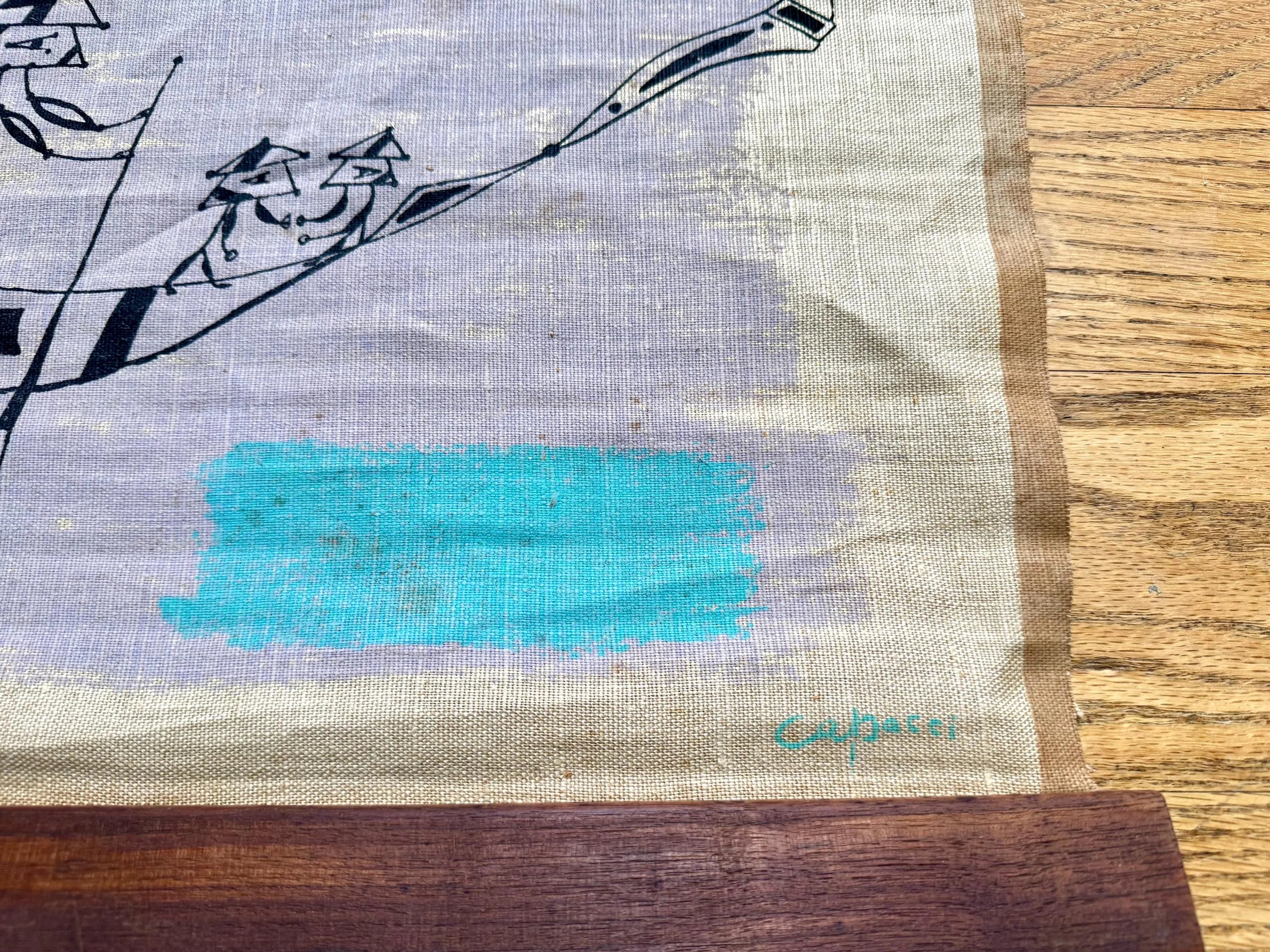 Vtg Bruno Capacci Surrealist Silkscreen Scroll Art | Burlap Scroll Art | Don Quixote Castle Wall Hanging| Colorful Capacci Signed Scroll