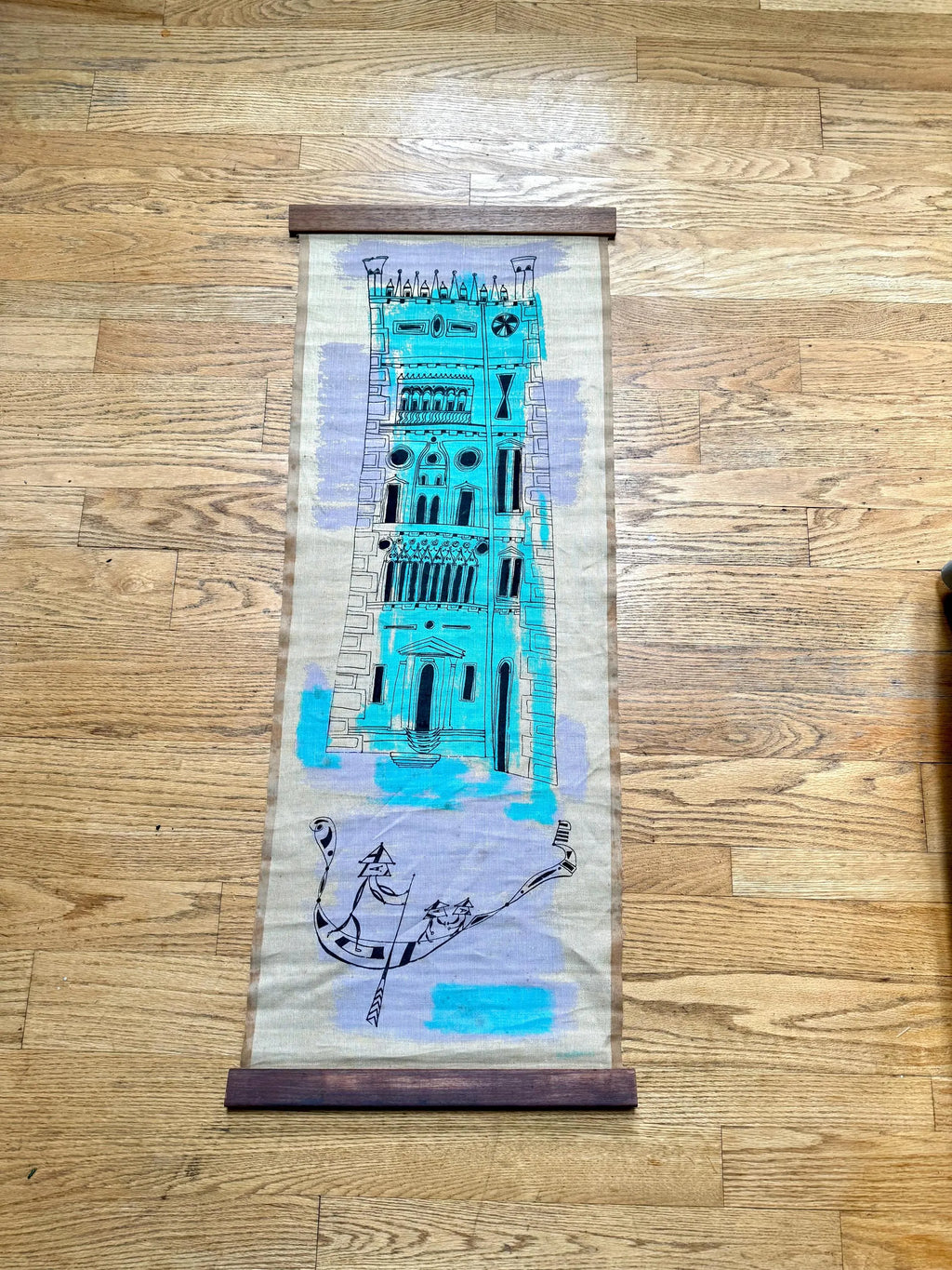 Vtg Bruno Capacci Surrealist Silkscreen Scroll Art | Burlap Scroll Art | Don Quixote Castle Wall Hanging| Colorful Capacci Signed Scroll