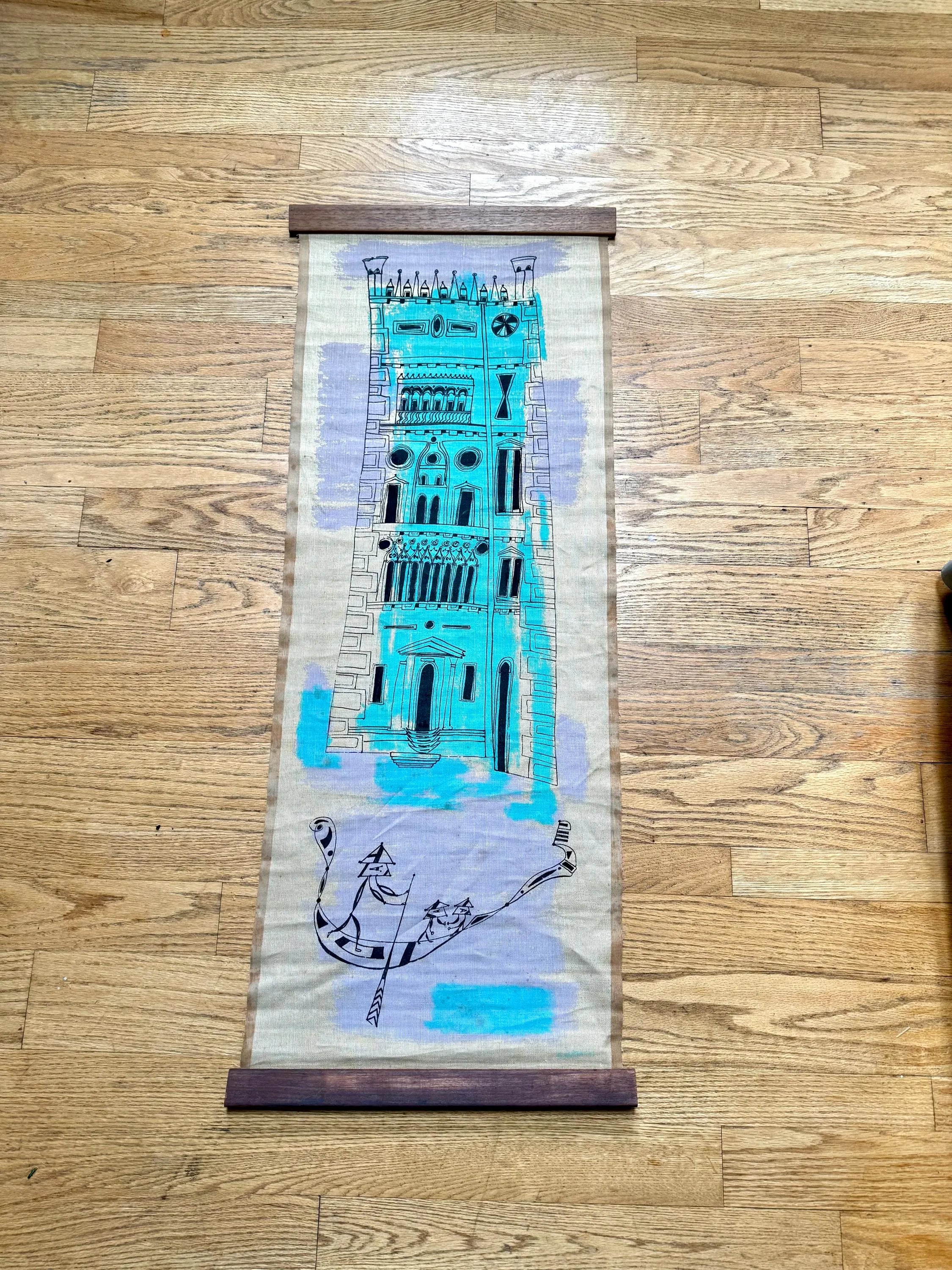 Vtg Bruno Capacci Surrealist Silkscreen Scroll Art | Burlap Scroll Art | Don Quixote Castle Wall Hanging| Colorful Capacci Signed Scroll