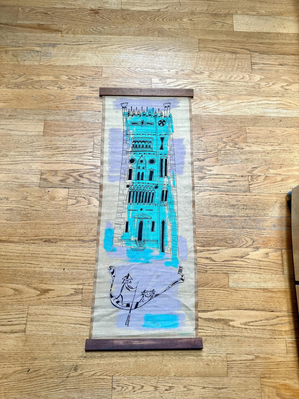 Vtg Bruno Capacci Surrealist Silkscreen Scroll Art | Burlap Scroll Art | Don Quixote Castle Wall Hanging| Colorful Capacci Signed Scroll