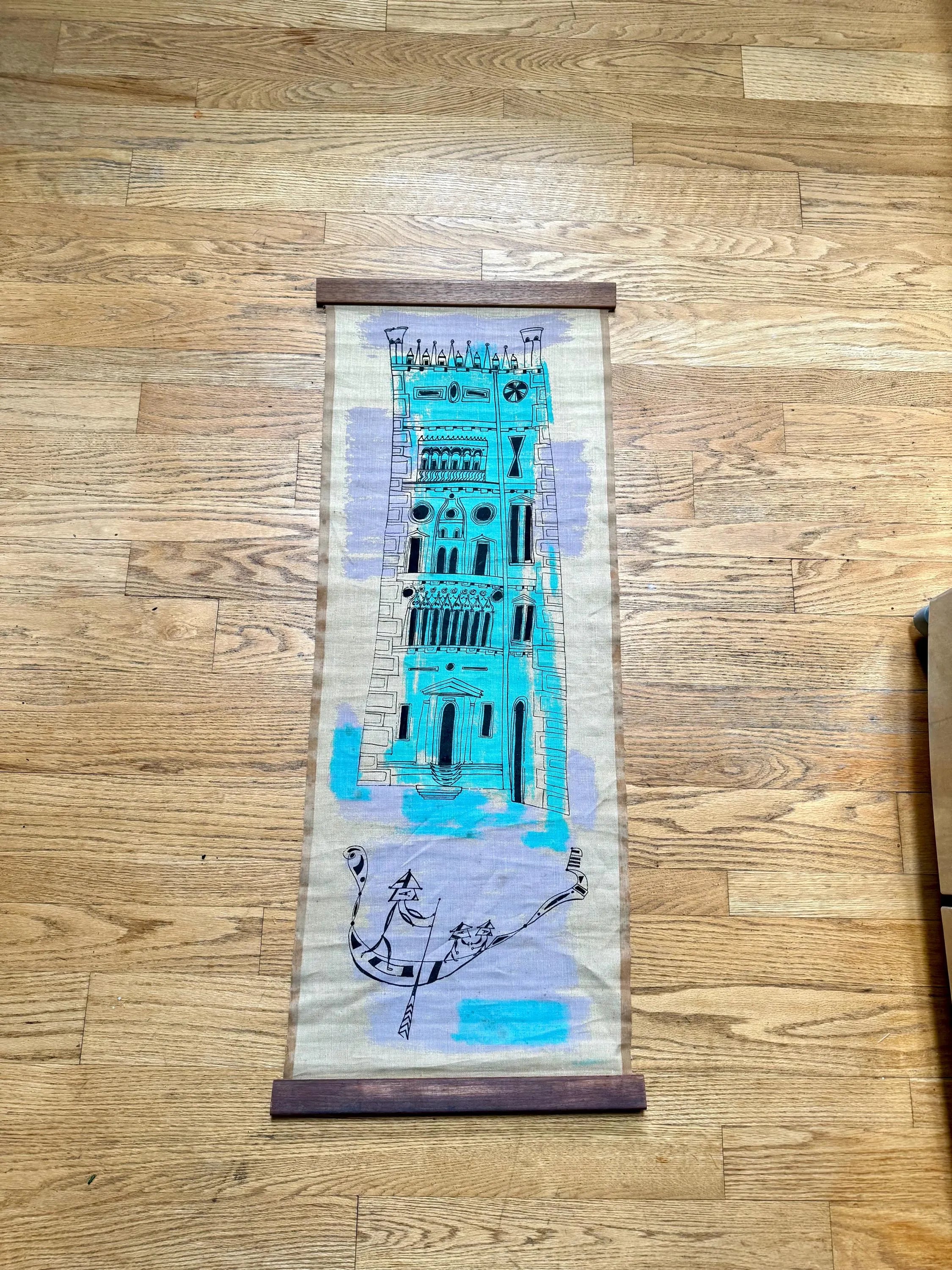 Vtg Bruno Capacci Surrealist Silkscreen Scroll Art | Burlap Scroll Art | Don Quixote Castle Wall Hanging| Colorful Capacci Signed Scroll