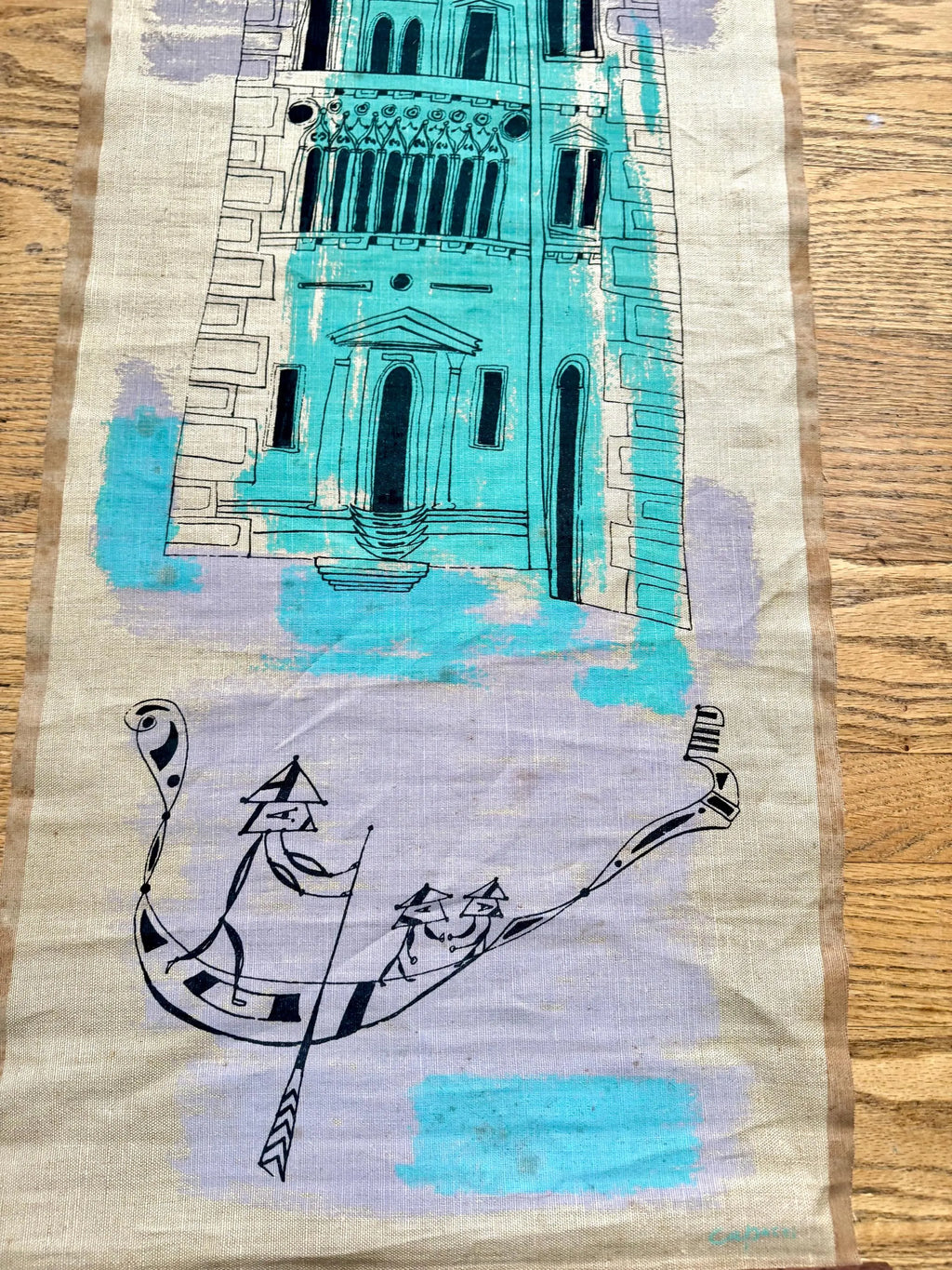 Vtg Bruno Capacci Surrealist Silkscreen Scroll Art | Burlap Scroll Art | Don Quixote Castle Wall Hanging| Colorful Capacci Signed Scroll