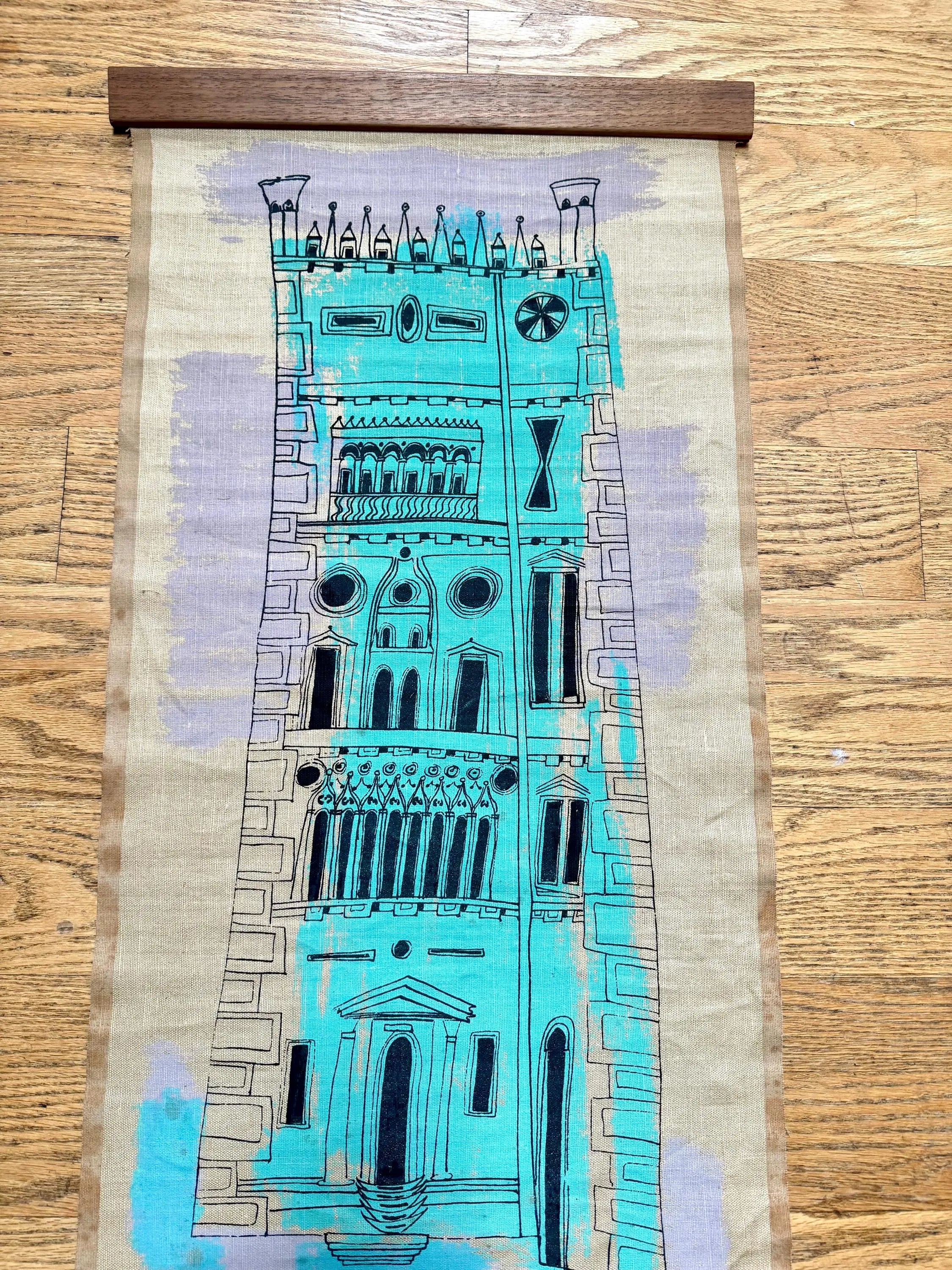 Vtg Bruno Capacci Surrealist Silkscreen Scroll Art | Burlap Scroll Art | Don Quixote Castle Wall Hanging| Colorful Capacci Signed Scroll