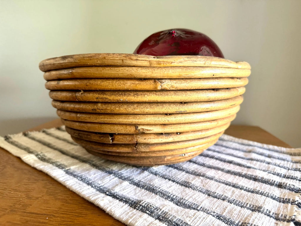 Vtg Coiled Pencil Reed Bowl | Large Pencil Reed Bamboo Bowl | Gabriella Crespi Style Rattan Basket | Center Piece Basket