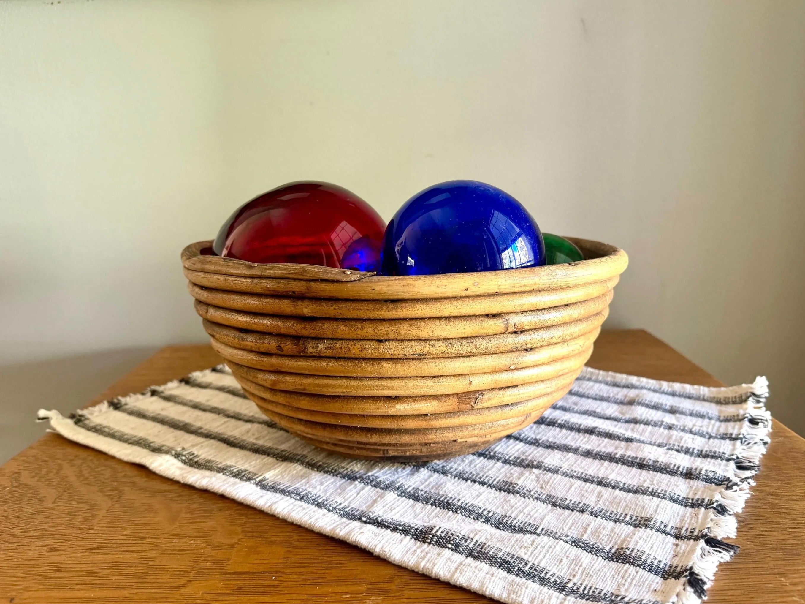 Vtg Coiled Pencil Reed Bowl | Large Pencil Reed Bamboo Bowl | Gabriella Crespi Style Rattan Basket | Center Piece Basket