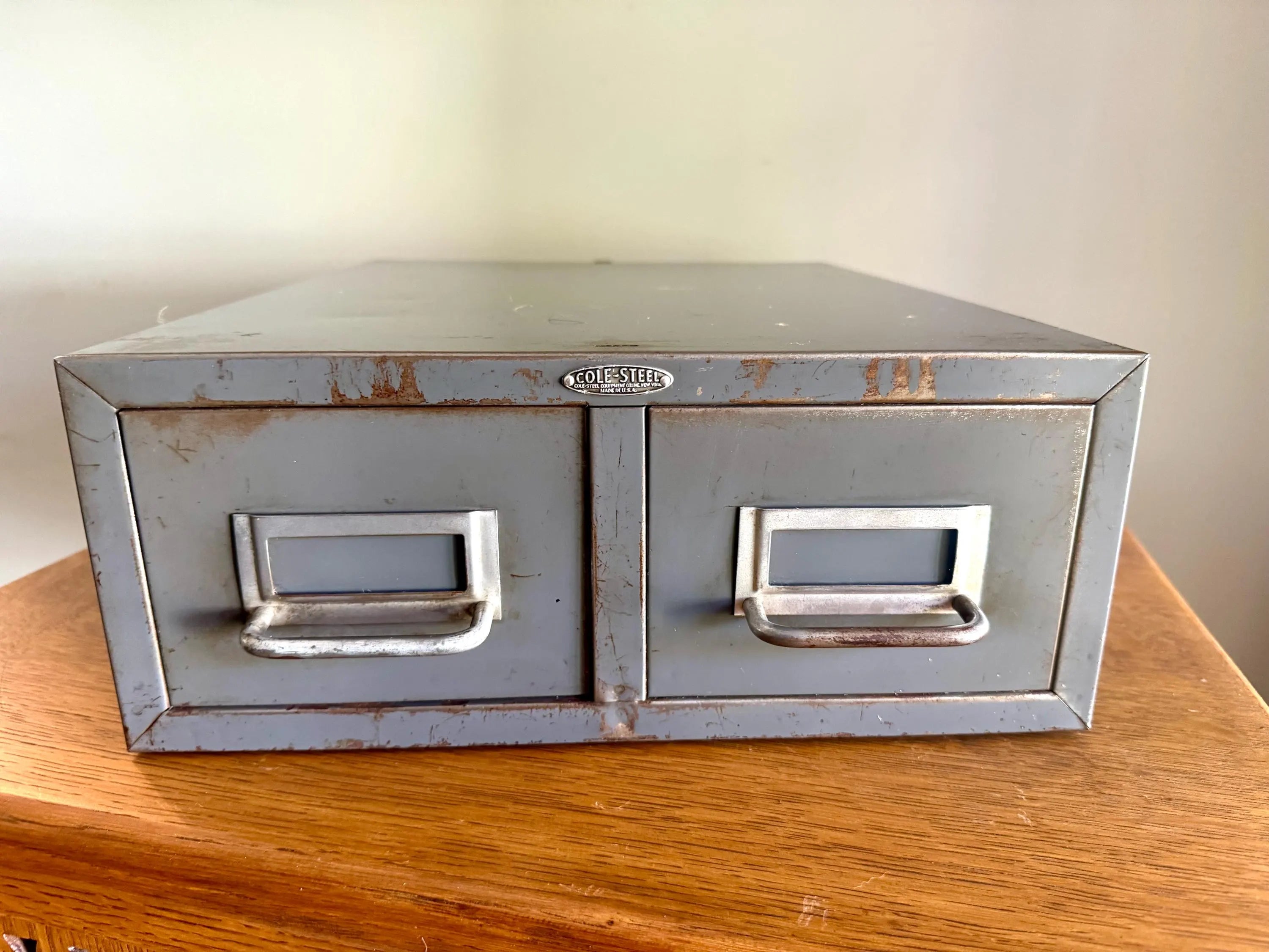 Vtg Rustic Cole-Steel Cabinet | Gray Metal Index Card Catalog | Double Drawer Storage | Industrial Storage Bin | Library Card Cabinet