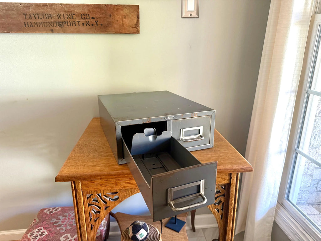 Vtg Rustic Cole-Steel Cabinet | Gray Metal Index Card Catalog | Double Drawer Storage | Industrial Storage Bin | Library Card Cabinet
