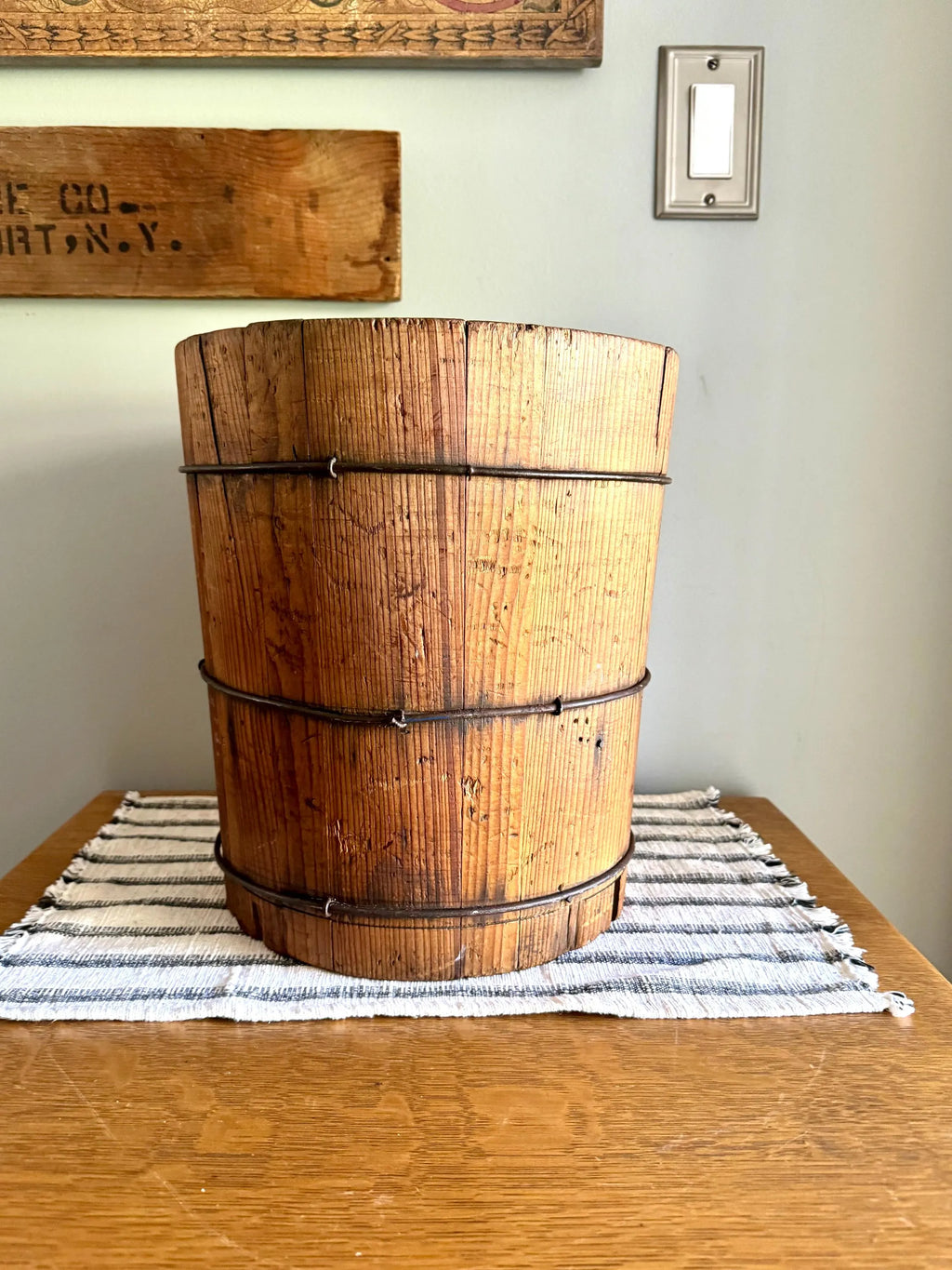 Antique Wood Slat Bucket | Wood and Wire Bucket Planter | Double Side Bucket | Small Wood Barrel Bucket | Western Bucket| Bucket Plant Stand