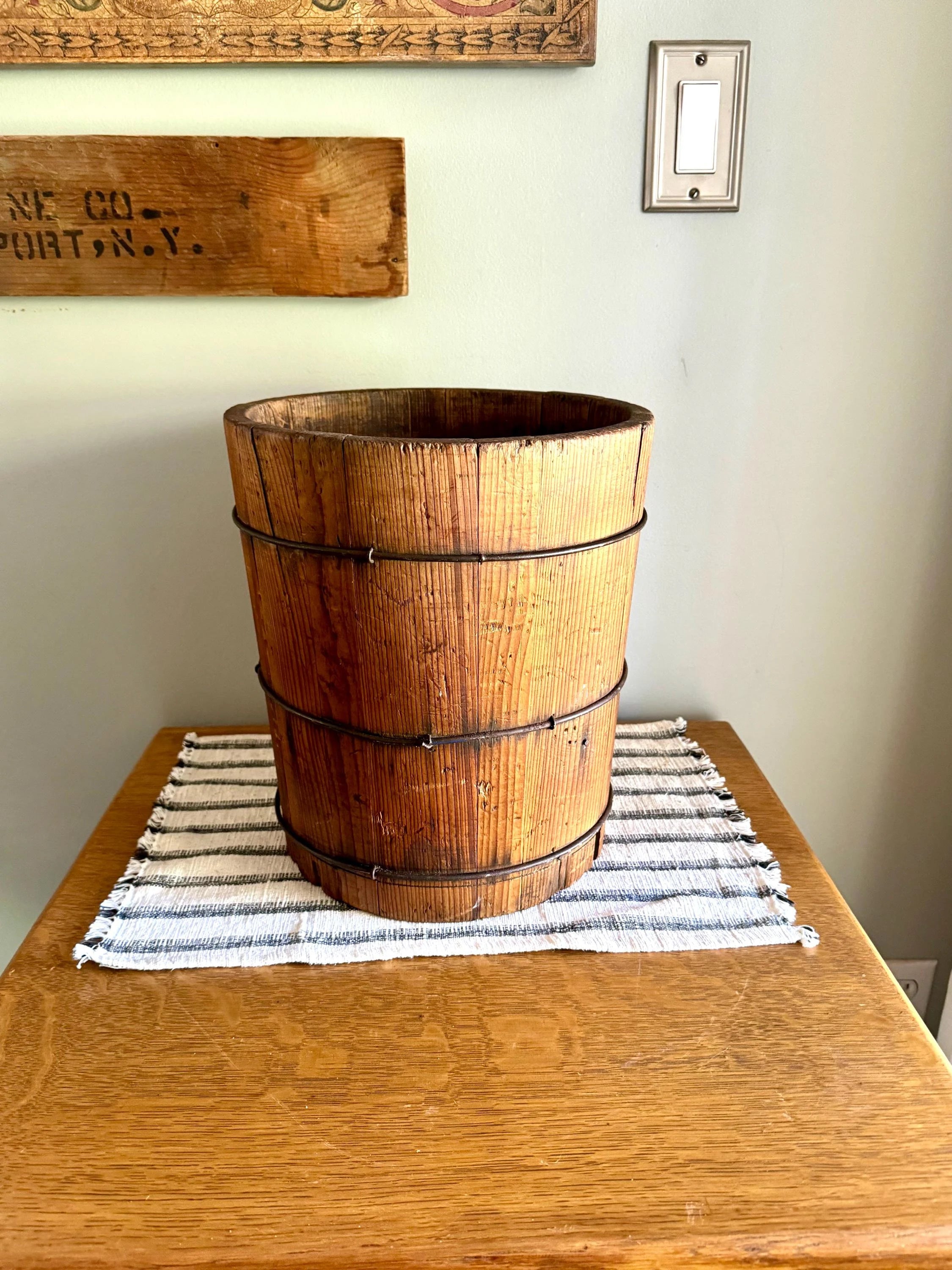 Antique Wood Slat Bucket | Wood and Wire Bucket Planter | Double Side Bucket | Small Wood Barrel Bucket | Western Bucket| Bucket Plant Stand