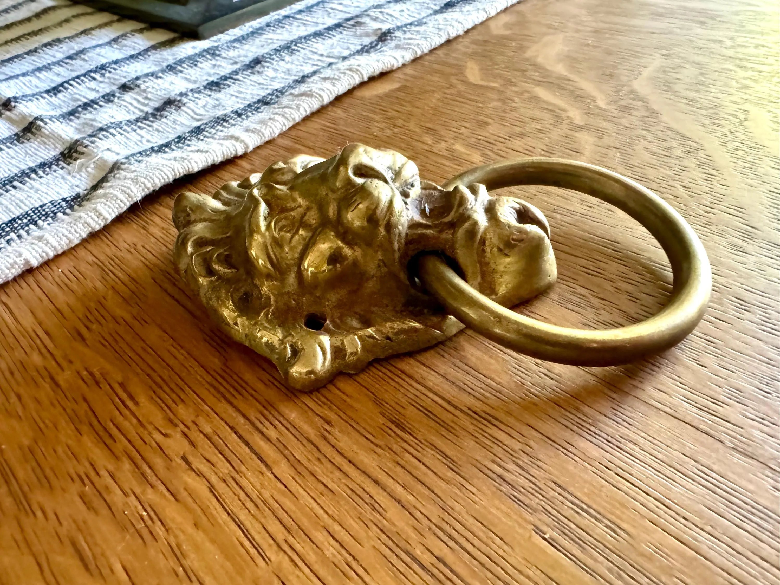 Small Vtg Brass Lion's Head Door Pull | Rustic Door Knocker | Lion Head Door Pull | Decorative Hollywood Regency Drawer Pull