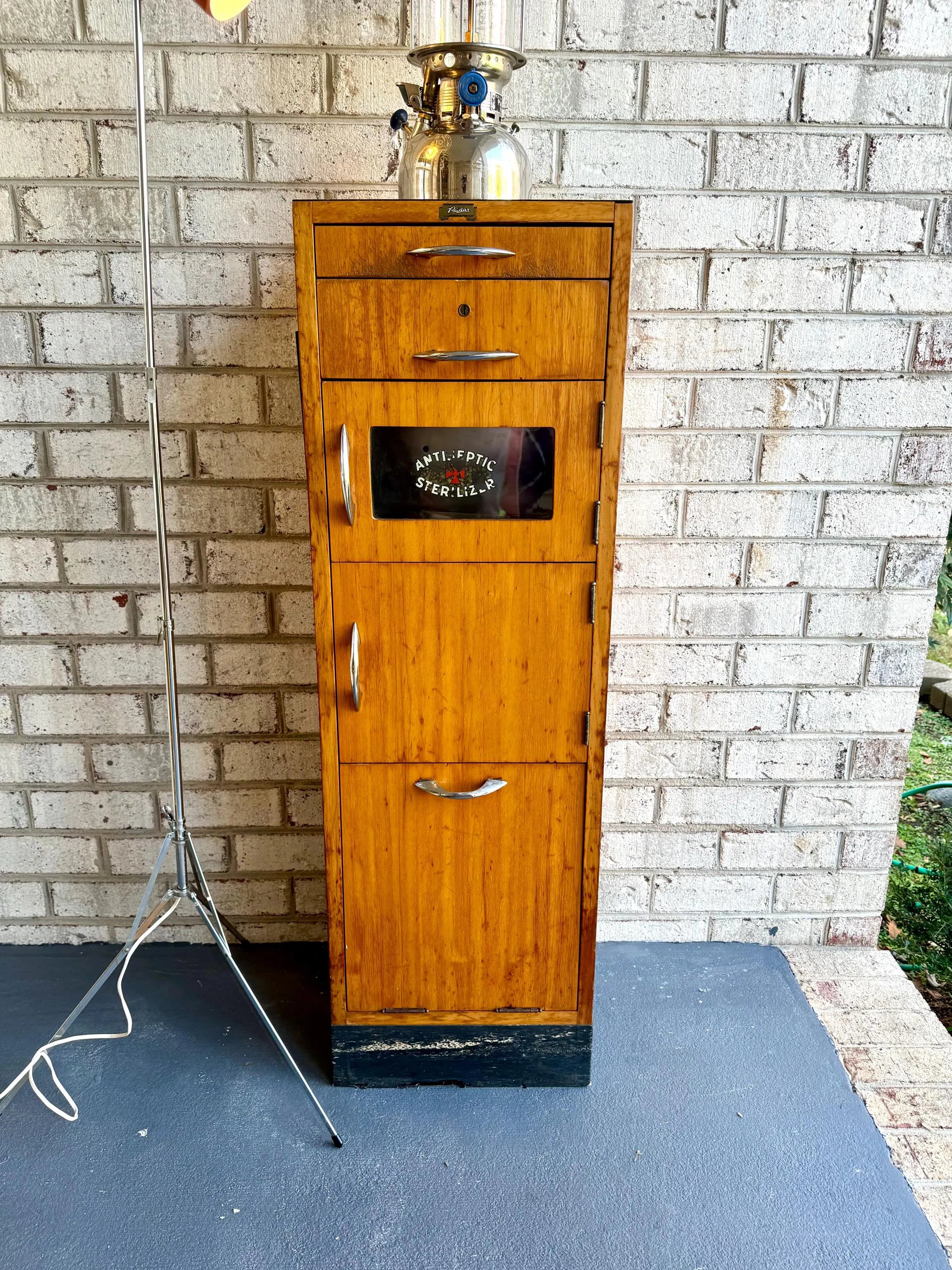 Vtg Tall Medical Sterilizer Cabinet Tower | Wood Sterilizer Cabinet | Raidar Antiseptic Barber Cabinet | Tall Bar Cabinet