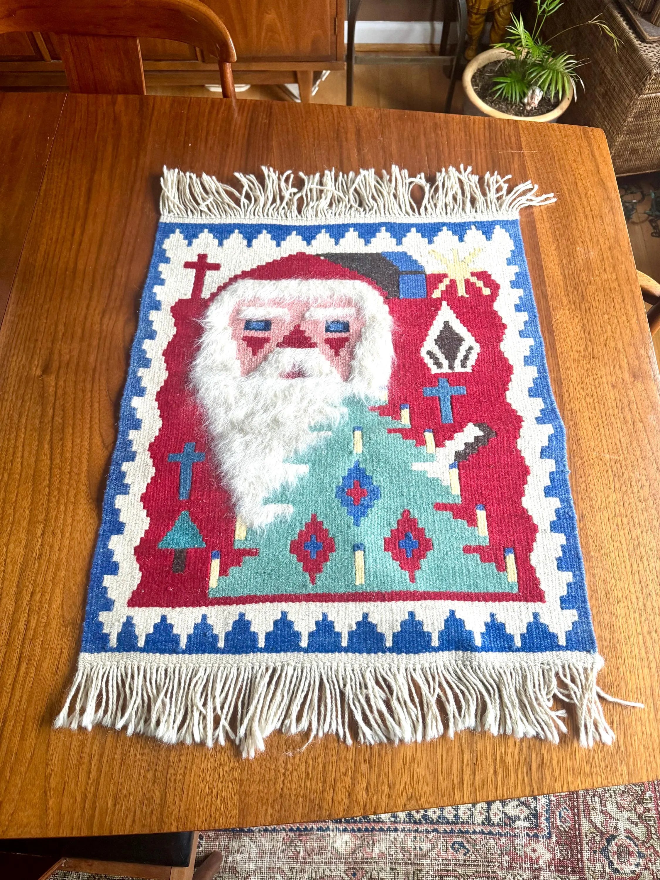Vtg Baba Noel Kilim Turkish Tapestry | Small Santa Claus Kilim Rug | Christmas Fold Art Fuzzy Bearded Santa Tapestry | Double Sided Rug
