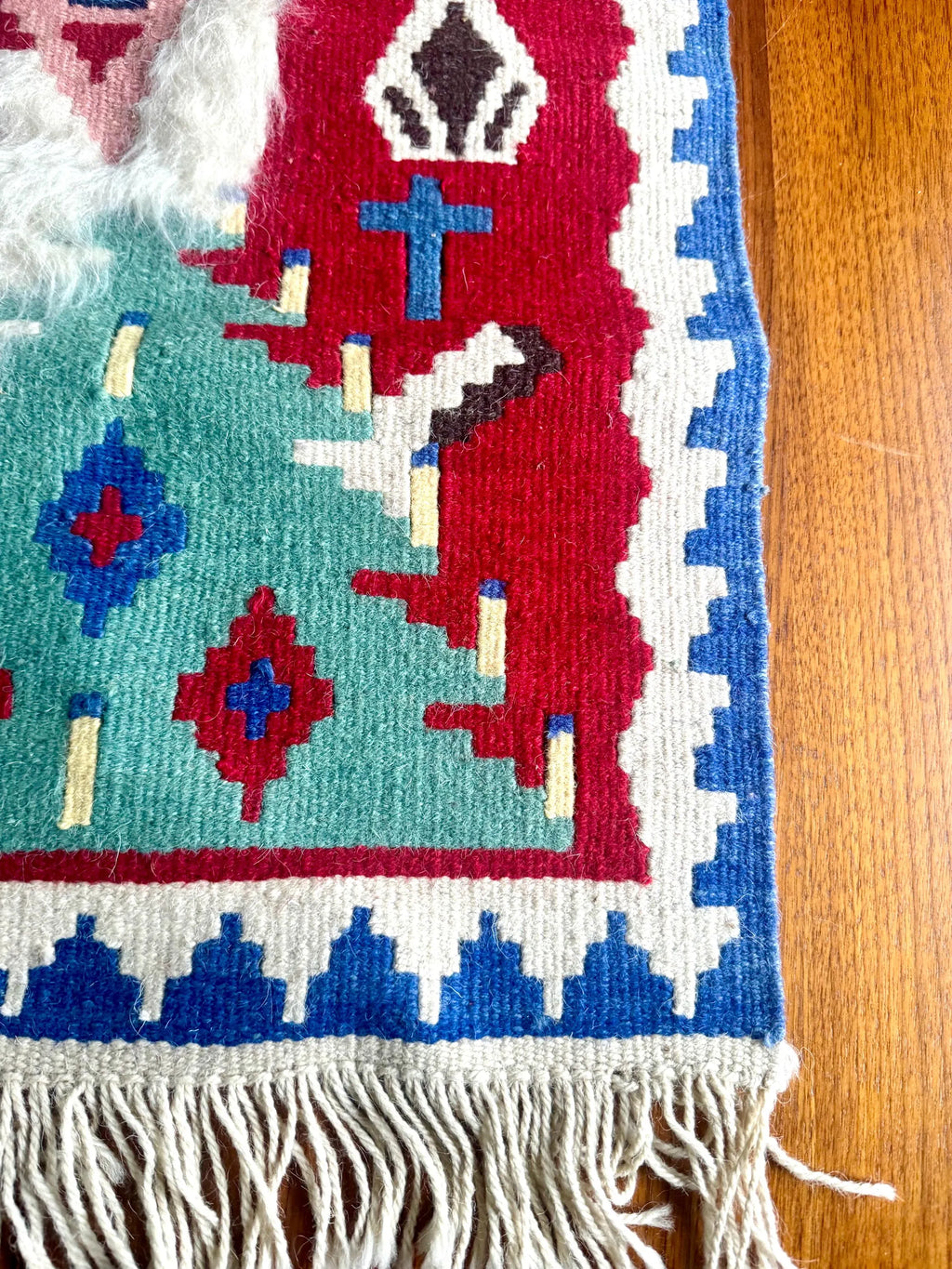 Vtg Baba Noel Kilim Turkish Tapestry | Small Santa Claus Kilim Rug | Christmas Fold Art Fuzzy Bearded Santa Tapestry | Double Sided Rug
