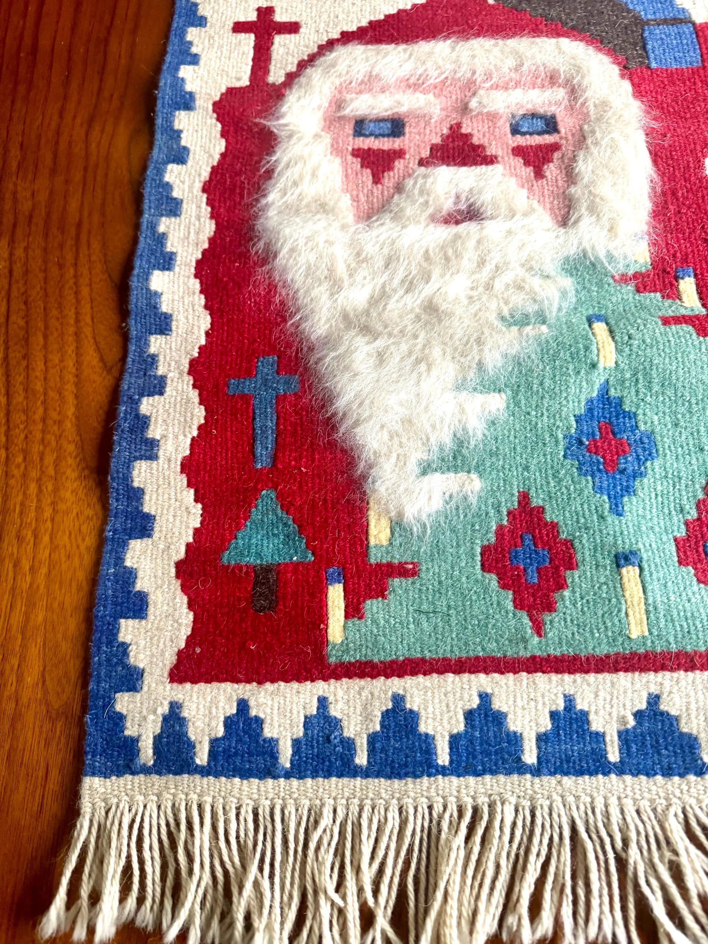 Vtg Baba Noel Kilim Turkish Tapestry | Small Santa Claus Kilim Rug | Christmas Fold Art Fuzzy Bearded Santa Tapestry | Double Sided Rug