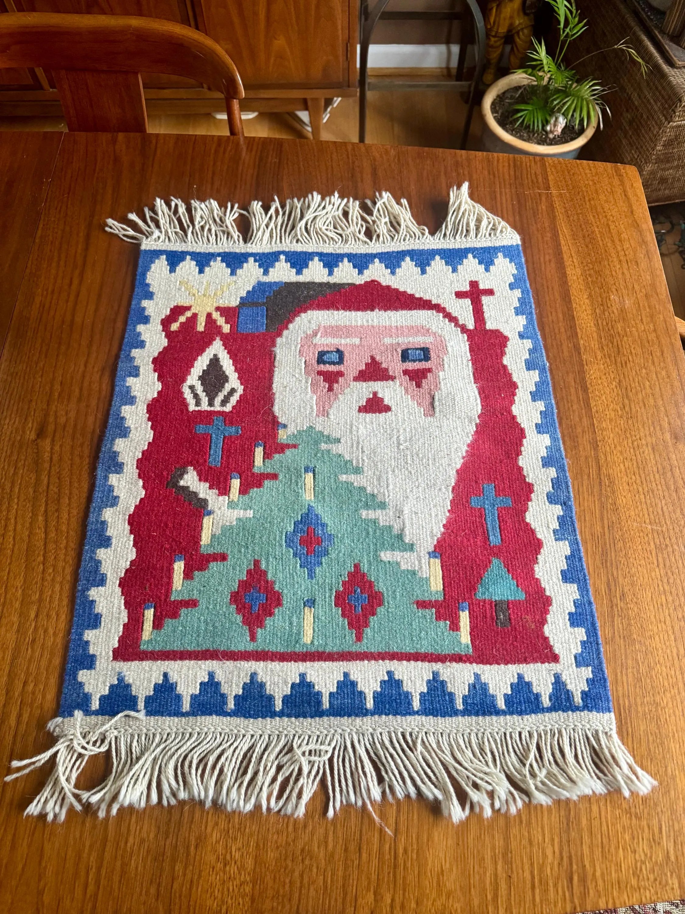 Vtg Baba Noel Kilim Turkish Tapestry | Small Santa Claus Kilim Rug | Christmas Fold Art Fuzzy Bearded Santa Tapestry | Double Sided Rug