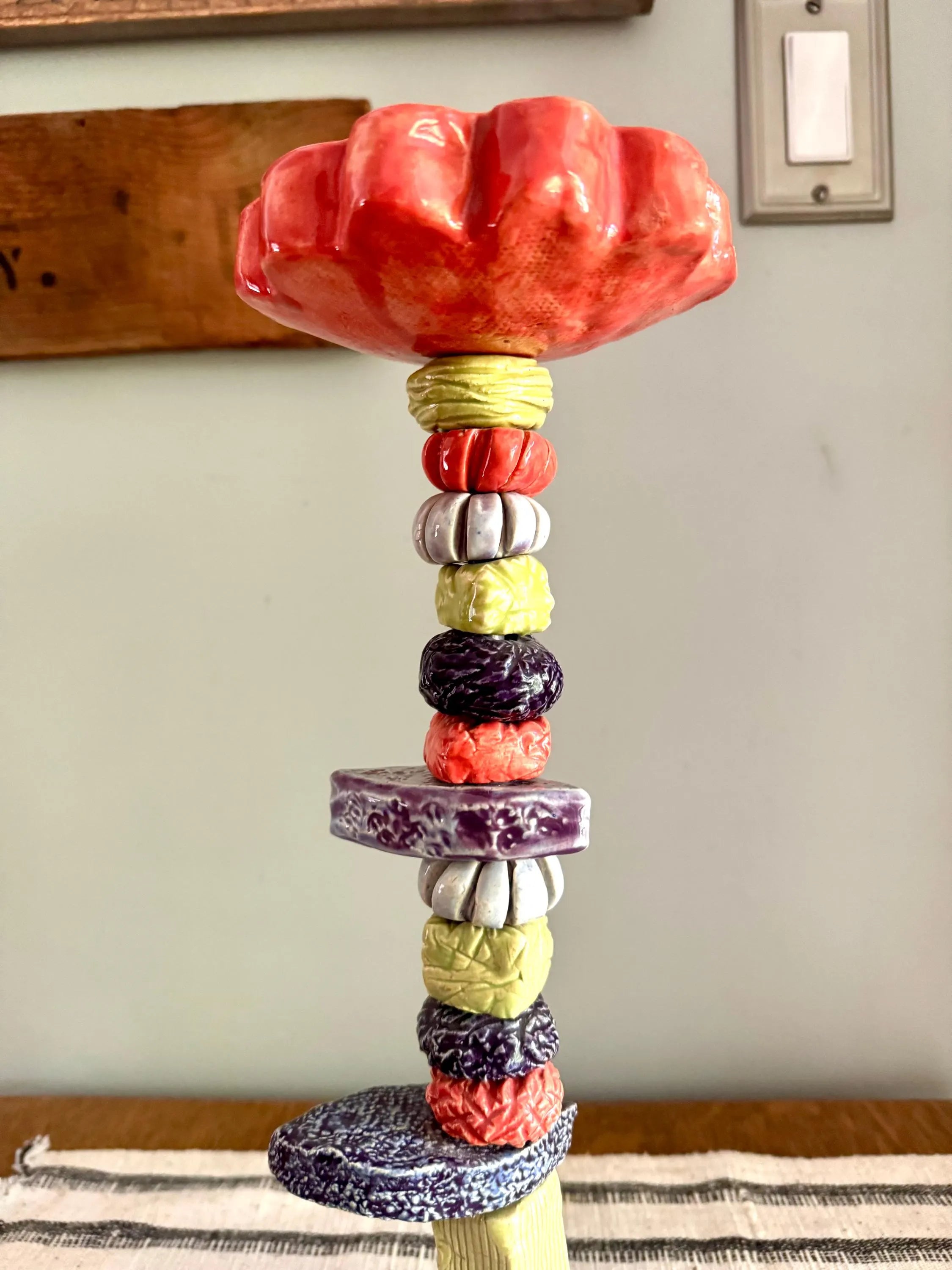 Sunapple & Company Ceramic Figural Candle Stick | Stacked Ceramic Figural Candlestick Holder | Colorful Ceramic Pillar Candle Holder