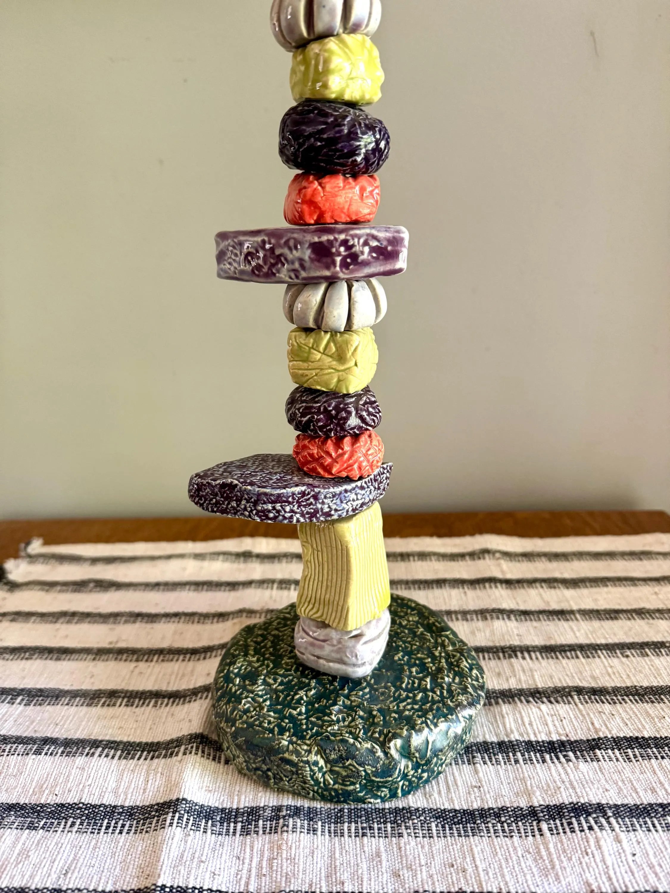 Sunapple & Company Ceramic Figural Candle Stick | Stacked Ceramic Figural Candlestick Holder | Colorful Ceramic Pillar Candle Holder