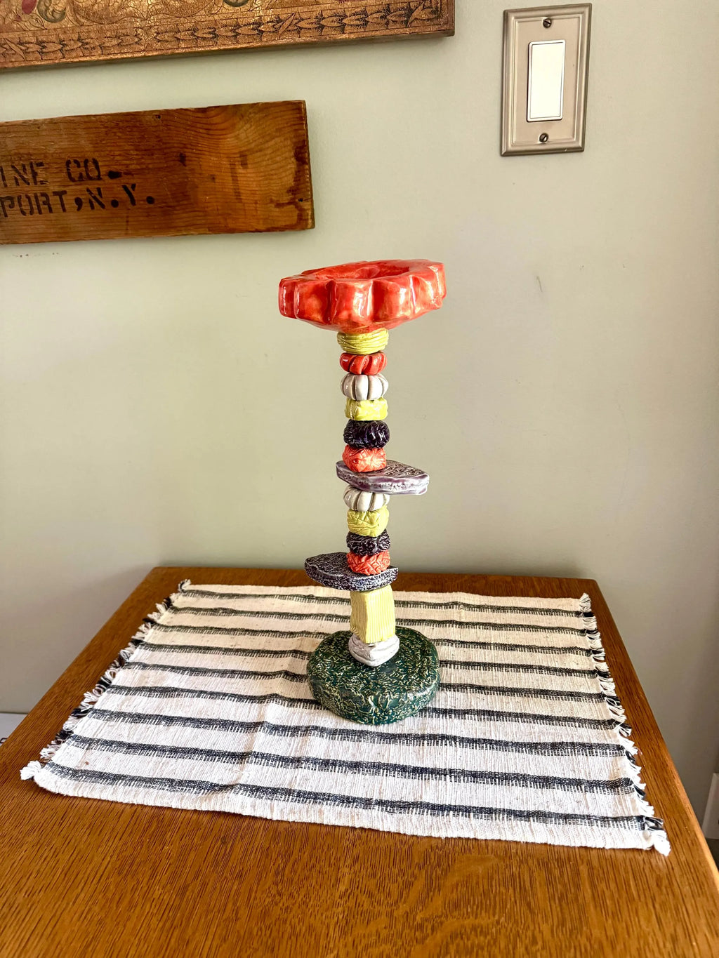 Sunapple & Company Ceramic Figural Candle Stick | Stacked Ceramic Figural Candlestick Holder | Colorful Ceramic Pillar Candle Holder