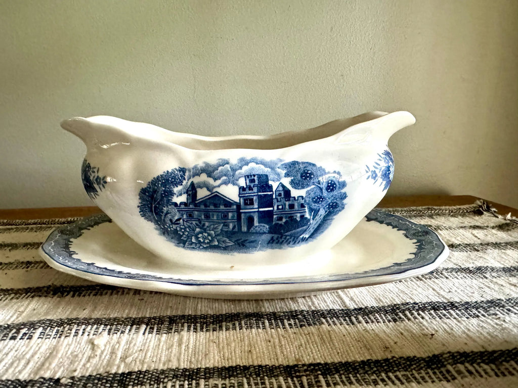 Vtg Nikko Blue Over White Serving Dishes | Nikko Double Phoenix Blue Castle & Floral Print Serving China | 3 Blue Print Serving Dishes